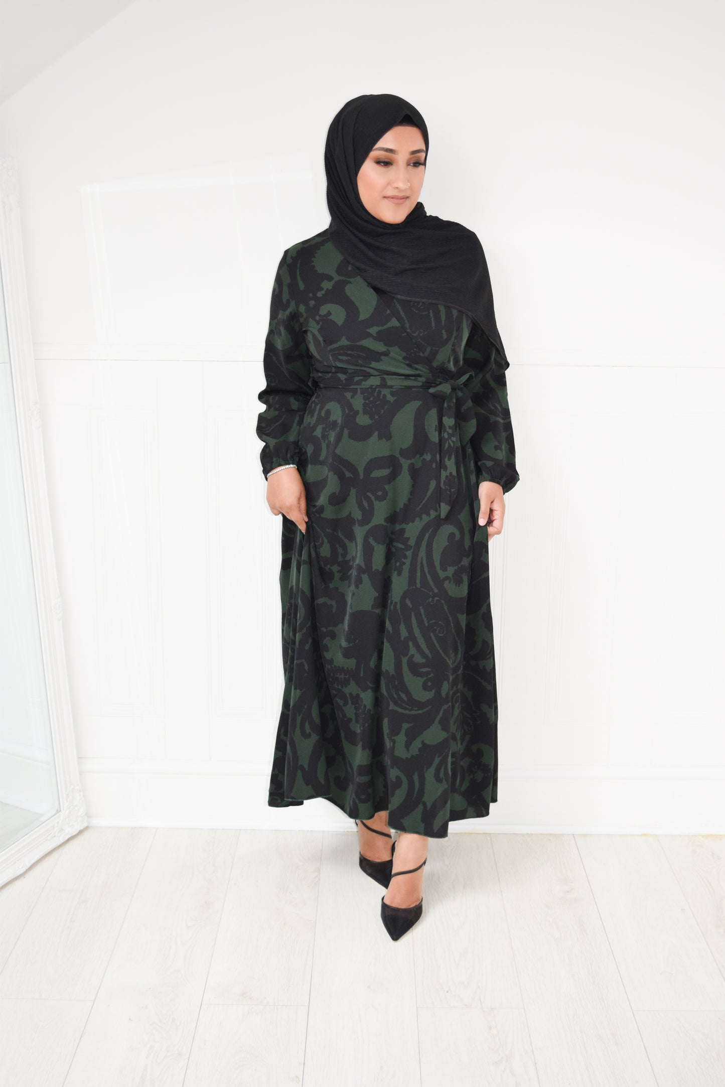 Modest Maxi Dress Aline wrap Black Forest