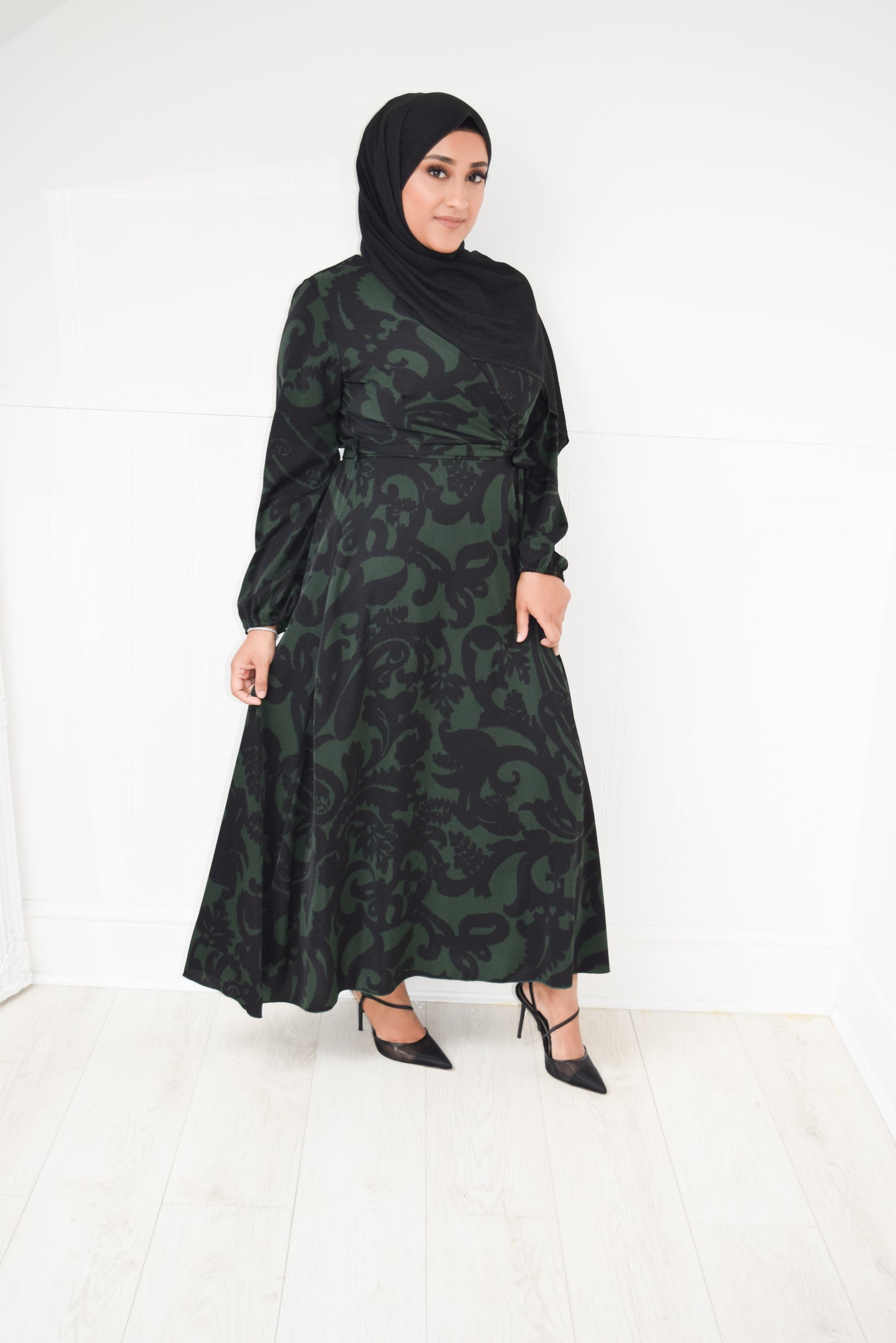 Modest Maxi Dress Aline wrap Black Forest