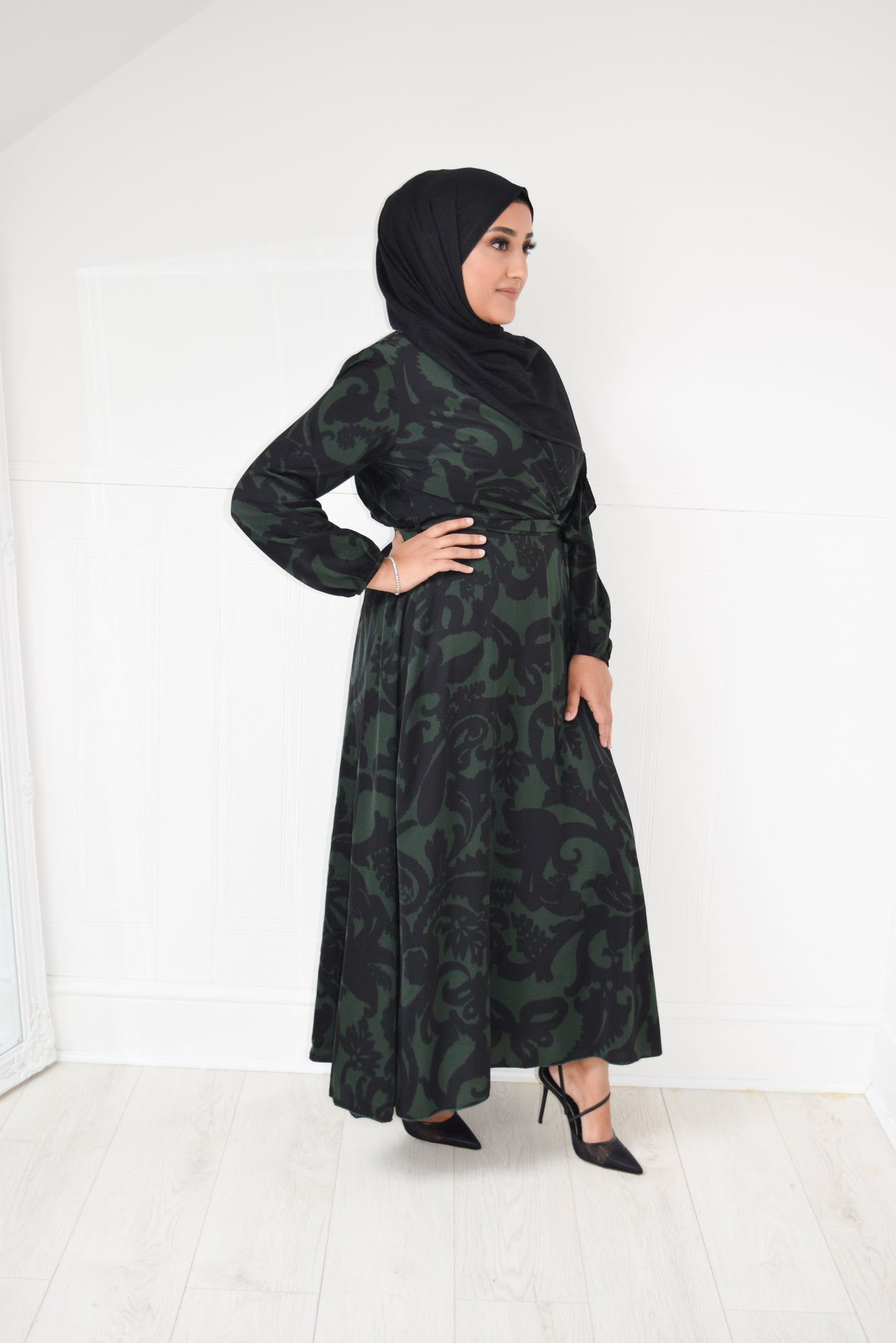 Modest Maxi Dress Aline wrap Black Forest