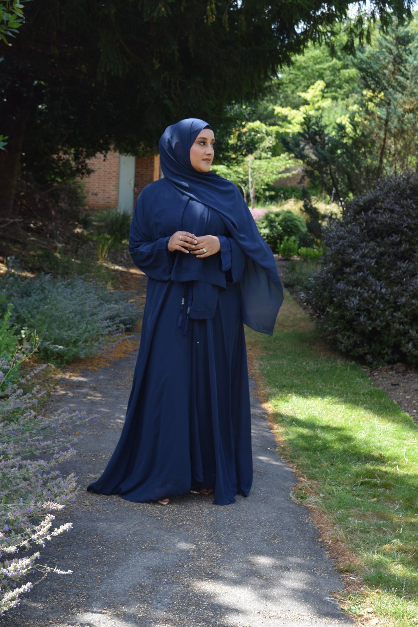 Reem Chiffon Open Jacket Abaya with Satin inner in Navy-  3 piece set