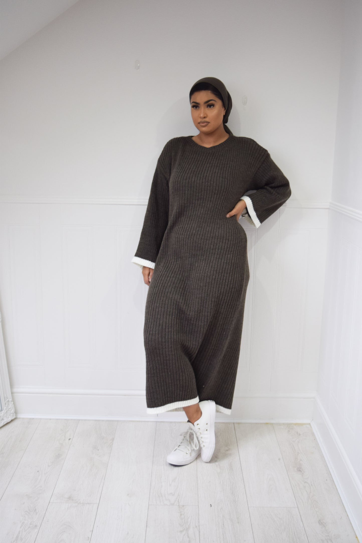 Winter knit dress with Trim Khaki Grey