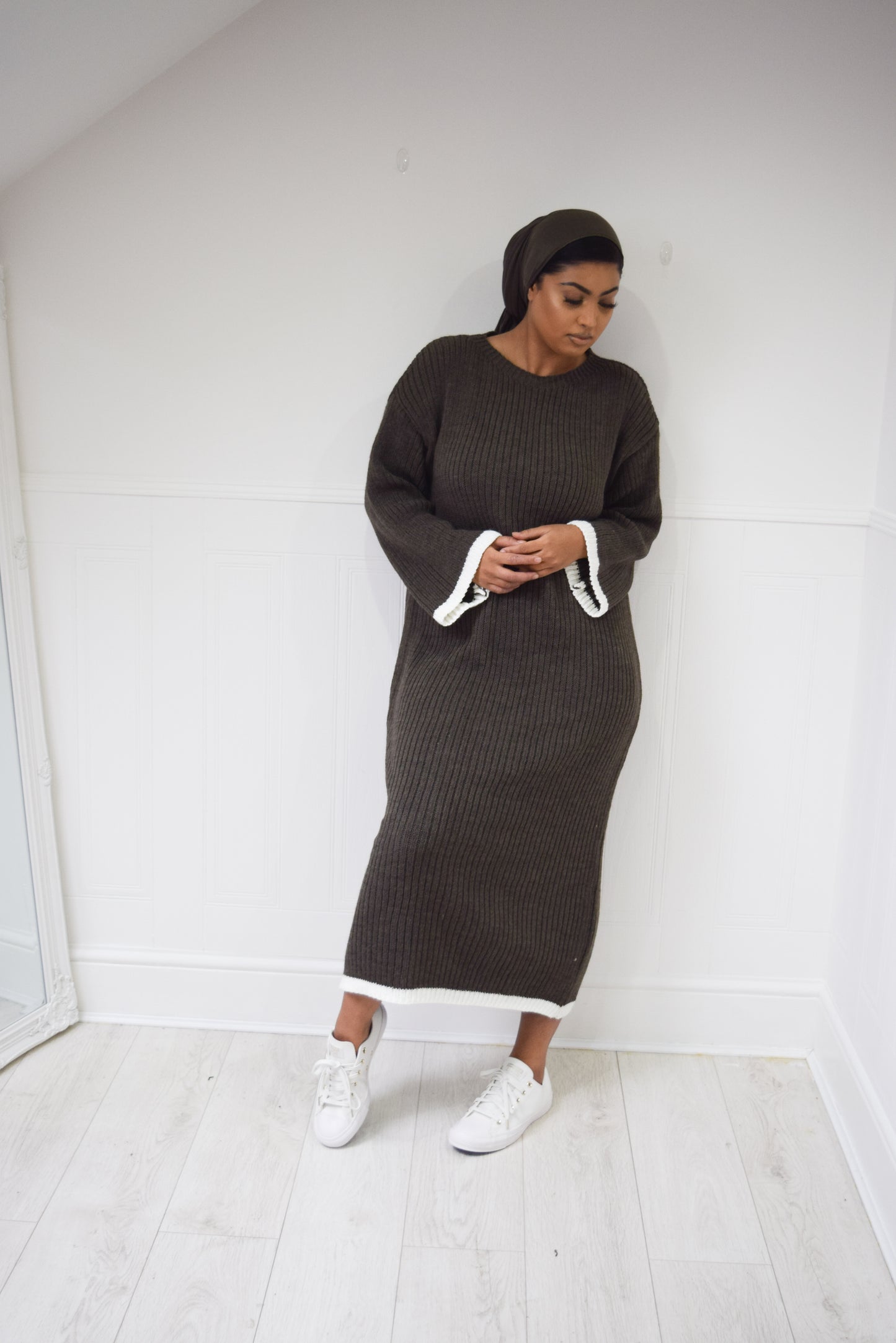 Winter knit dress with Trim Khaki Grey