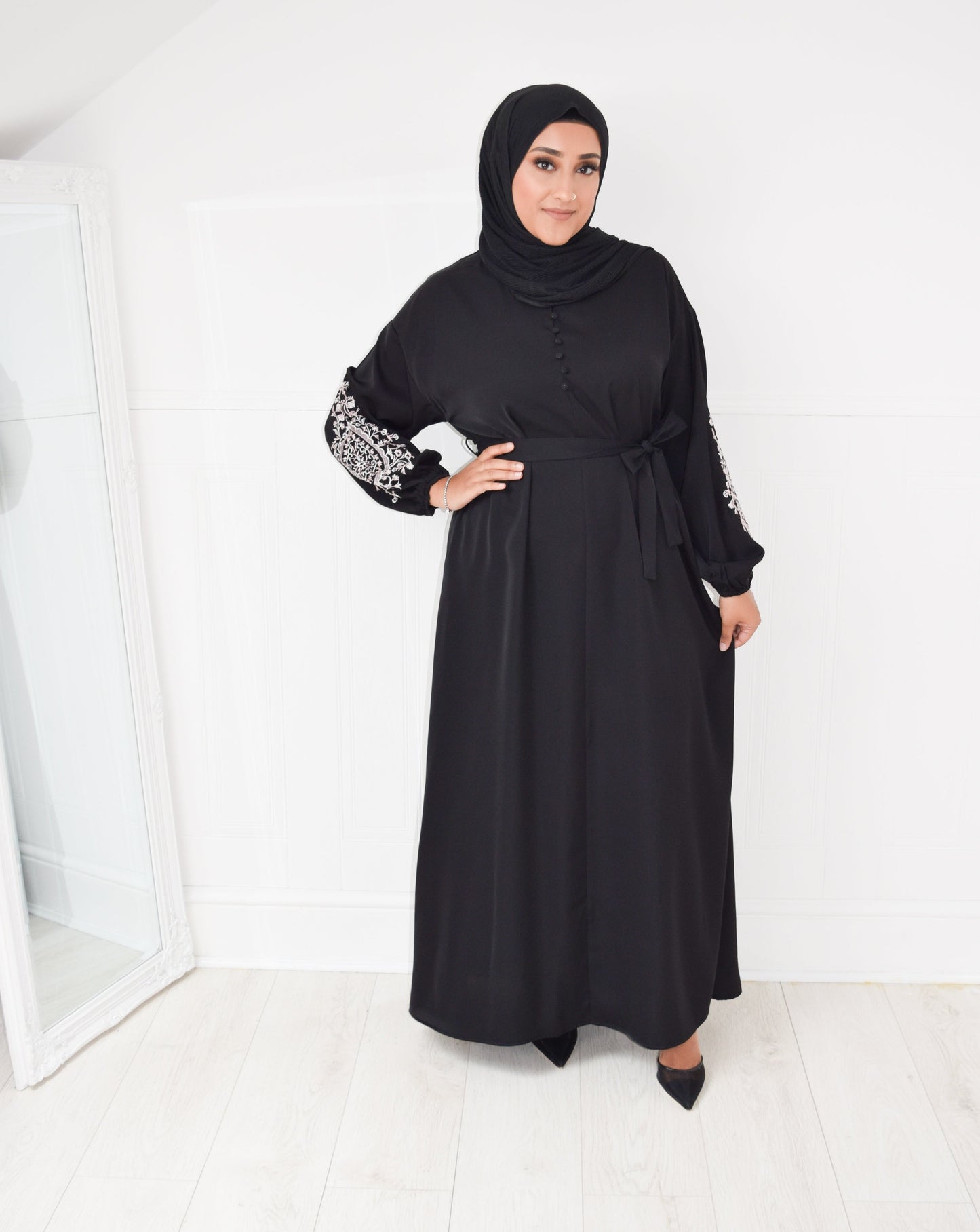 Sofia Long plain abaya dress with long sleeves, pockets and embroidery detail Black