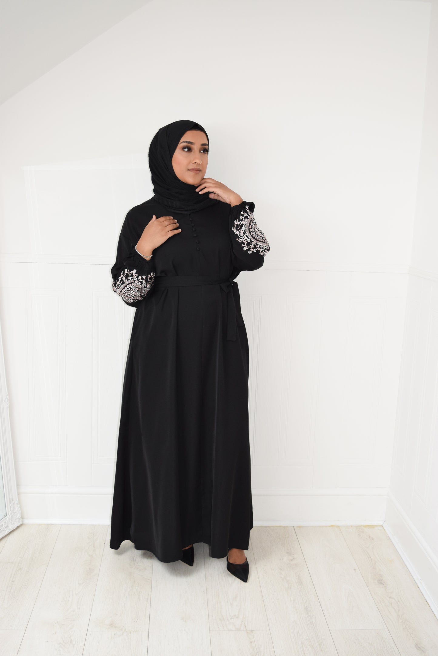 Sofia Long plain abaya dress with long sleeves, pockets and embroidery detail Black