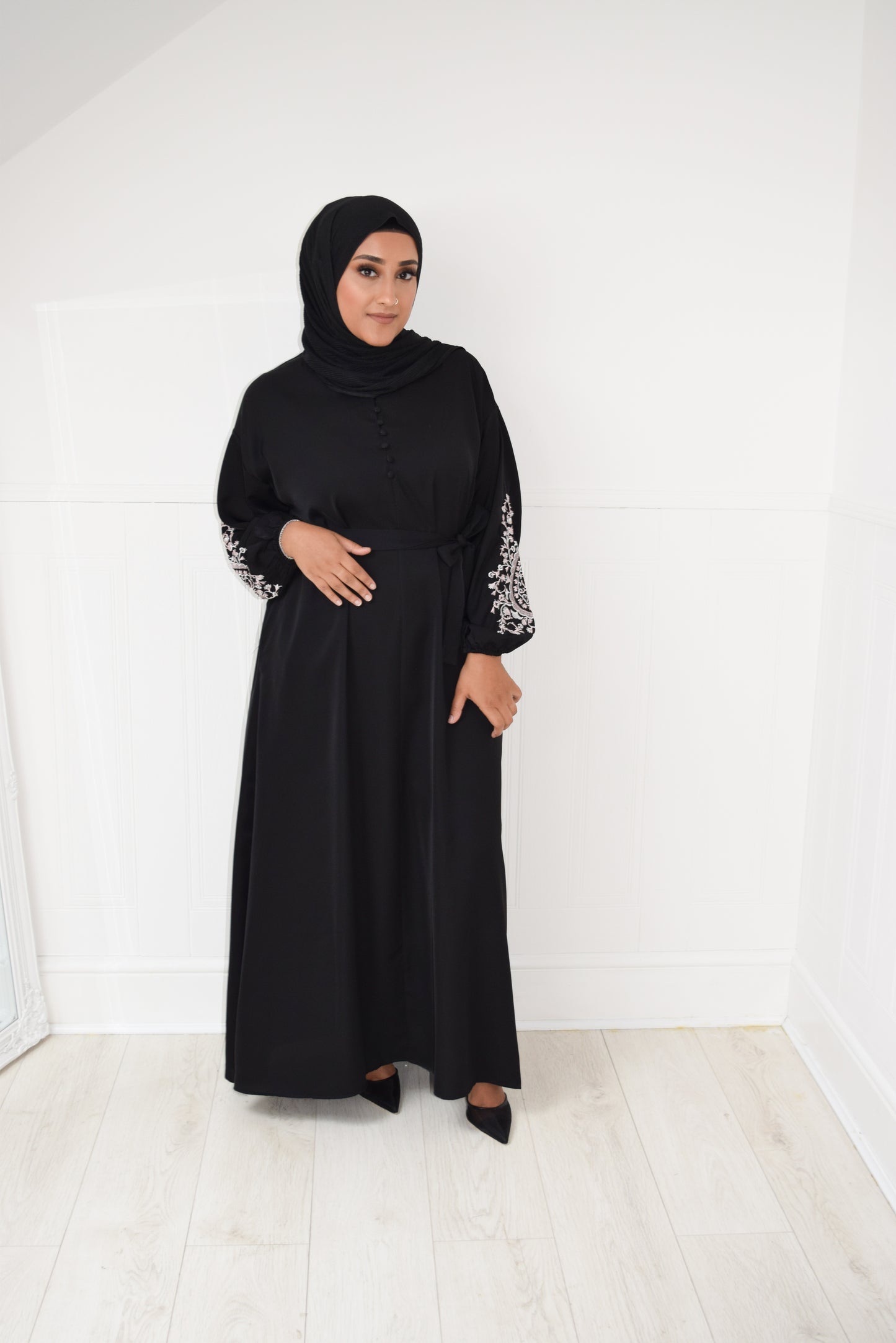 Sofia Long plain abaya dress with long sleeves, pockets and embroidery detail Black