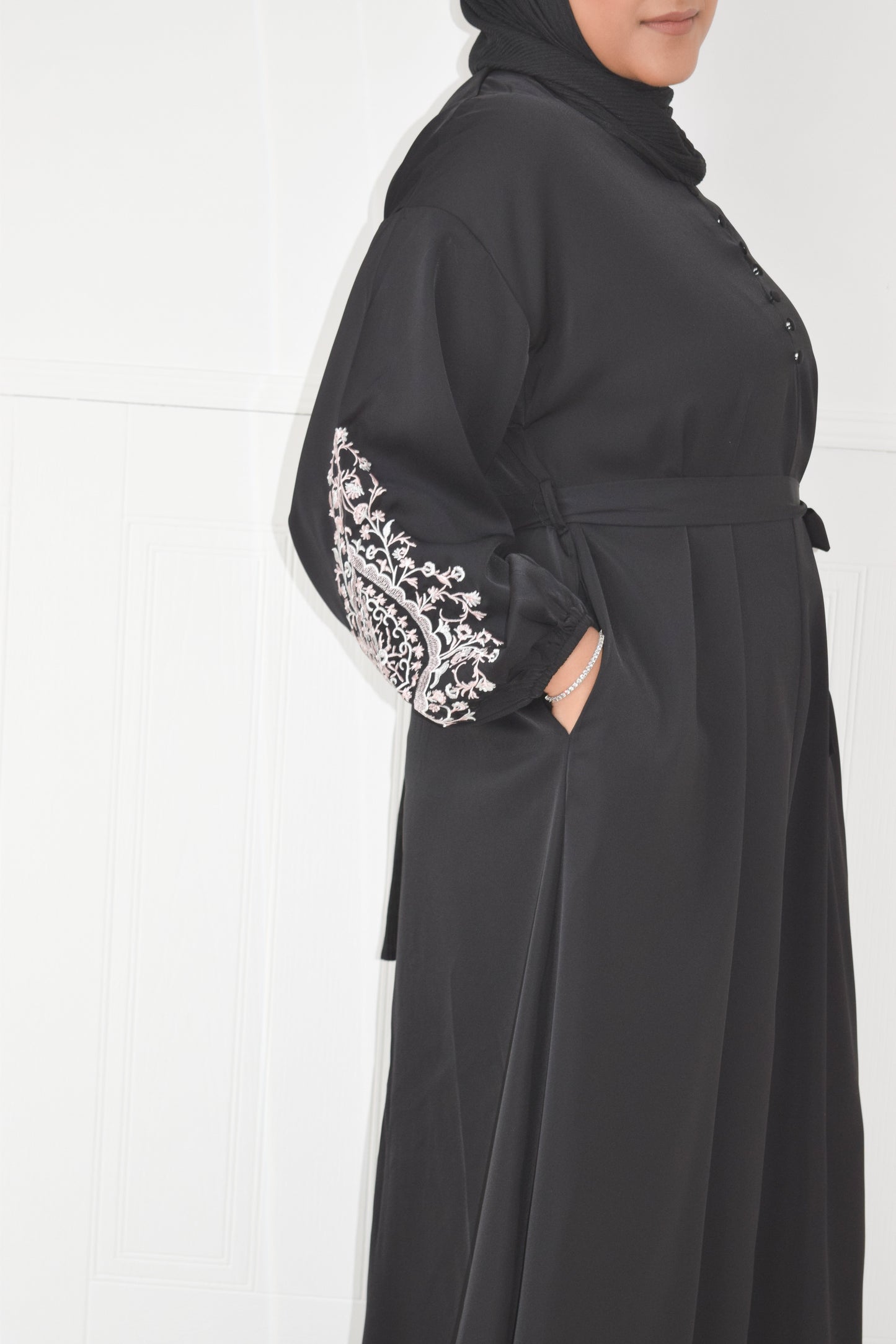 Sofia Long plain abaya dress with long sleeves, pockets and embroidery detail Black