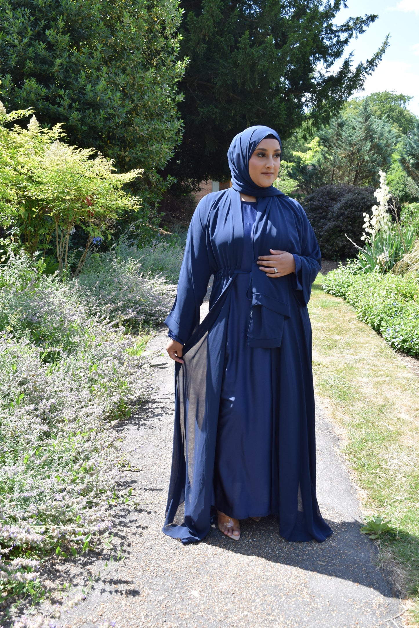 Reem Chiffon Open Jacket Abaya with Satin inner in Navy-  3 piece set