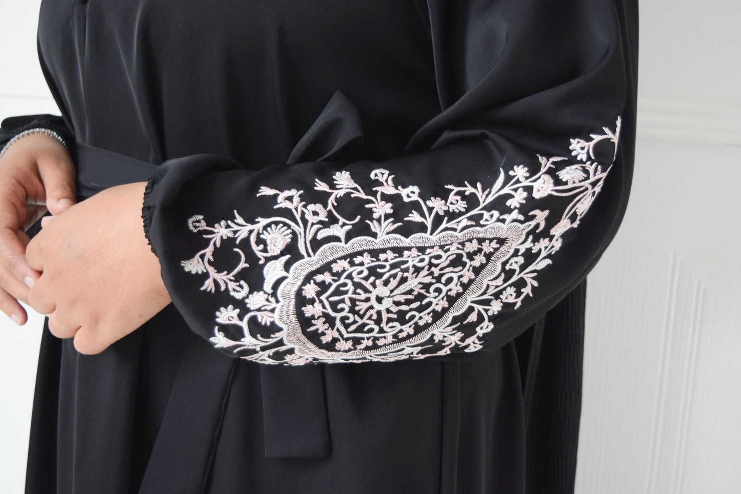 Sofia Long plain abaya dress with long sleeves, pockets and embroidery detail Black