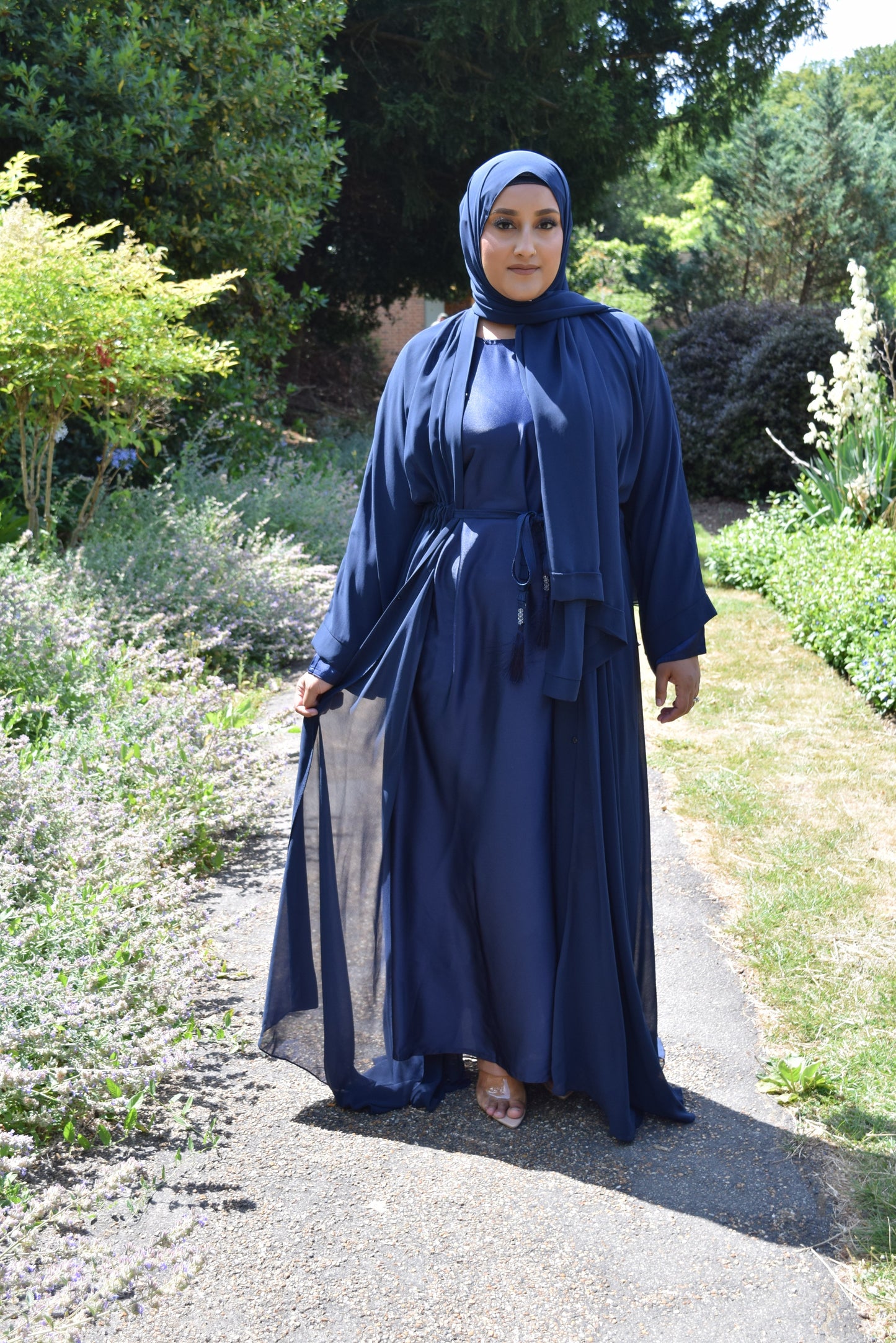 Reem Chiffon Open Jacket Abaya with Satin inner in Navy-  3 piece set