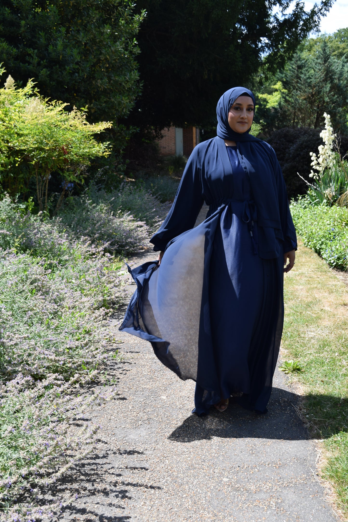 Reem Chiffon Open Jacket Abaya with Satin inner in Navy-  3 piece set
