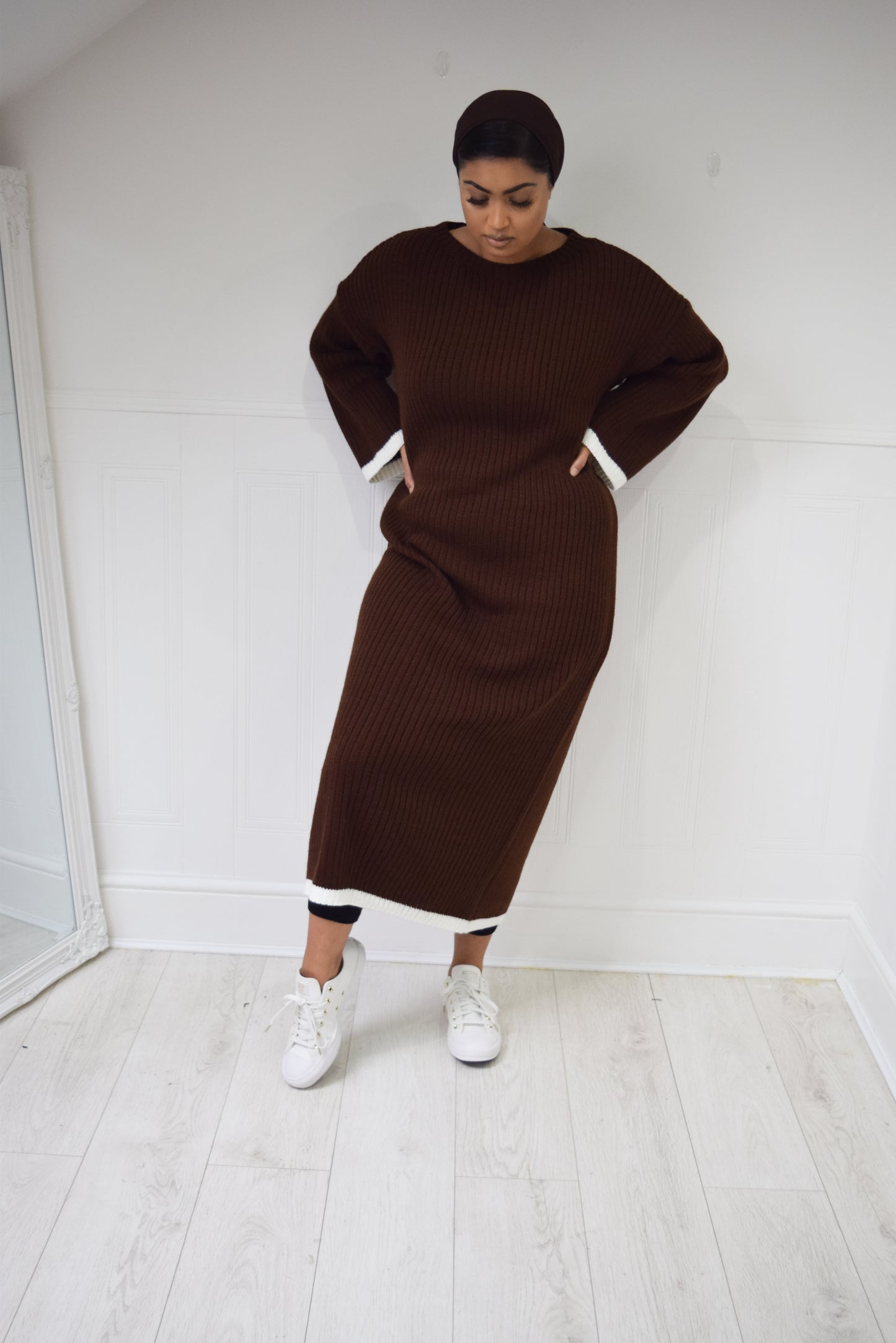 Winter knit dress with Trim Brown