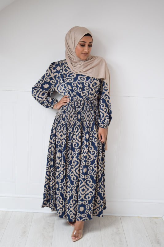 Modest Maxi Dress Pleated Patterned Navy Taupe