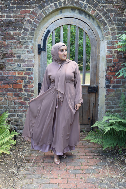 Reem Chiffon Open Jacket Abaya with Satin inner in Taupe -  3 piece set
