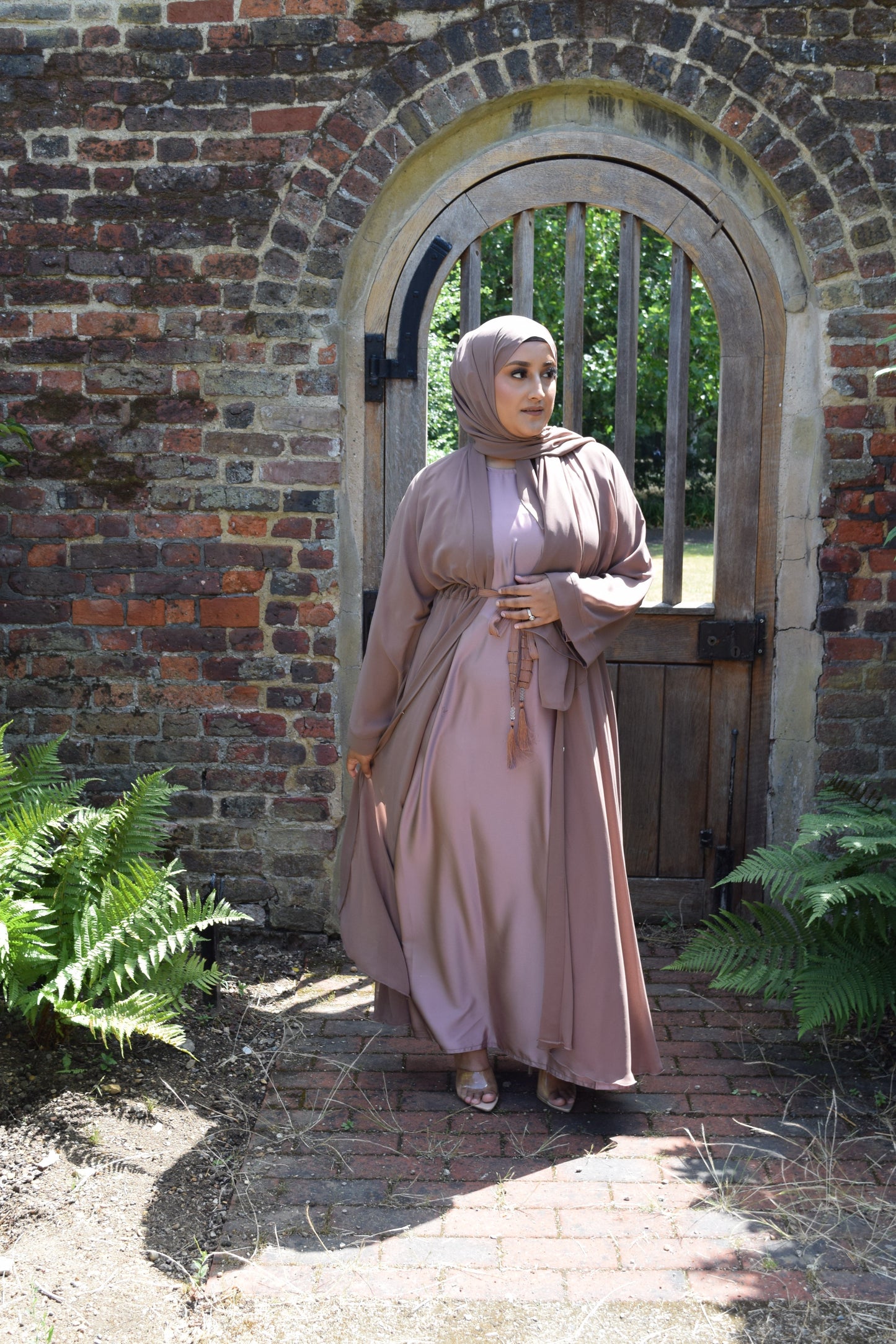 Reem Chiffon Open Jacket Abaya with Satin inner in Taupe -  3 piece set