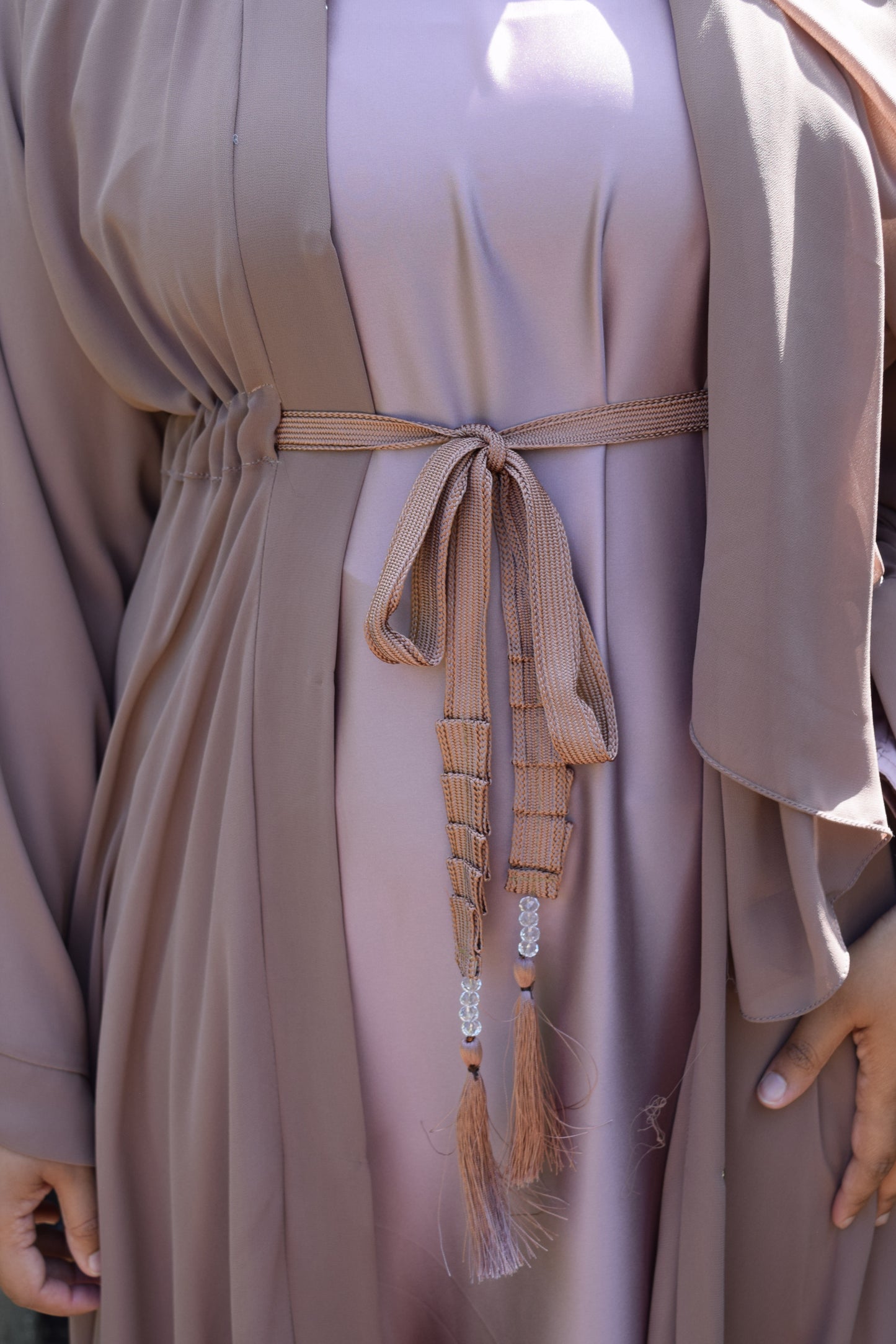 Reem Chiffon Open Jacket Abaya with Satin inner in Taupe -  3 piece set