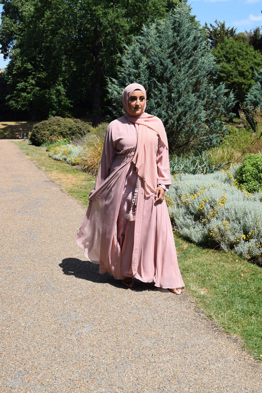 Reem Chiffon Open Jacket Abaya with Satin inner in Pale Pinks -  3 piece set
