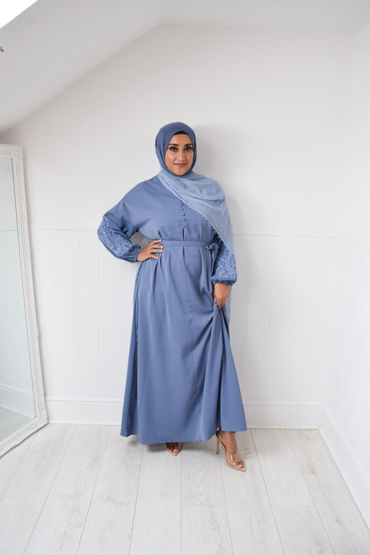 Sofia Long plain abaya dress with long sleeves, pockets and embroidery detail Powder Blue