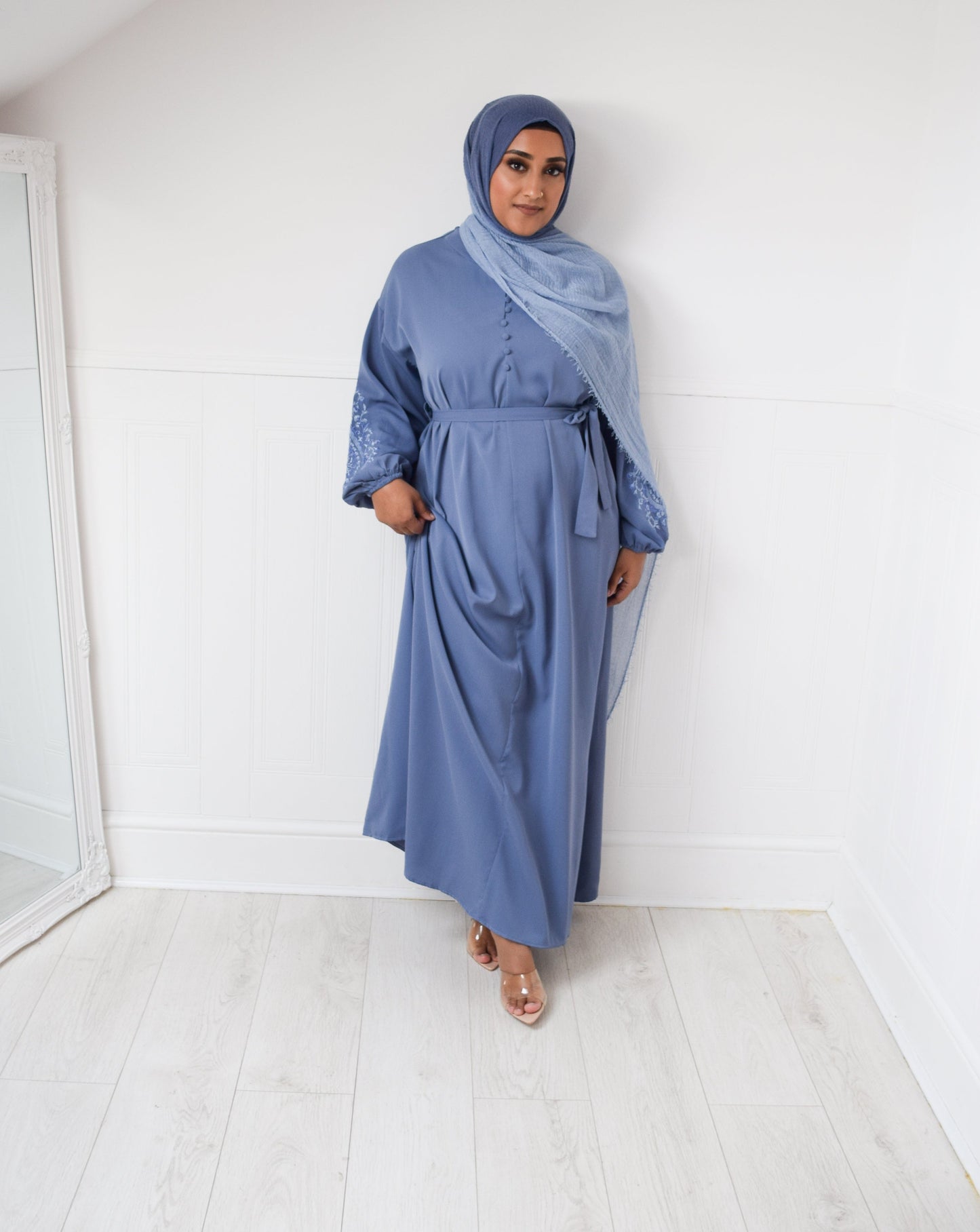 Sofia Long plain abaya dress with long sleeves, pockets and embroidery detail Powder Blue