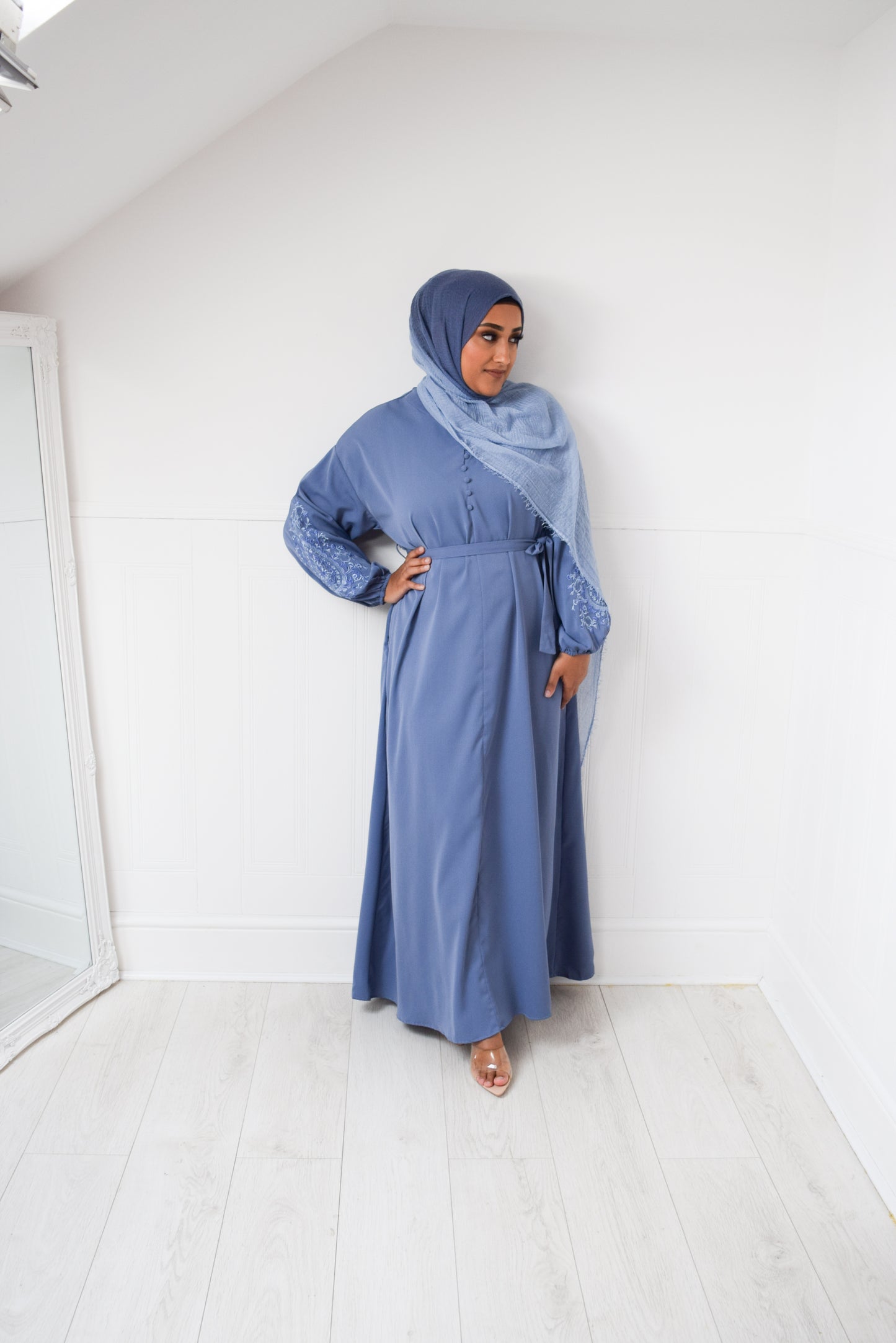 Sofia Long plain abaya dress with long sleeves, pockets and embroidery detail Powder Blue