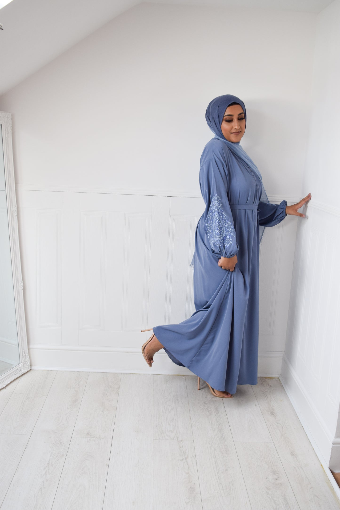 Sofia Long plain abaya dress with long sleeves, pockets and embroidery detail Powder Blue