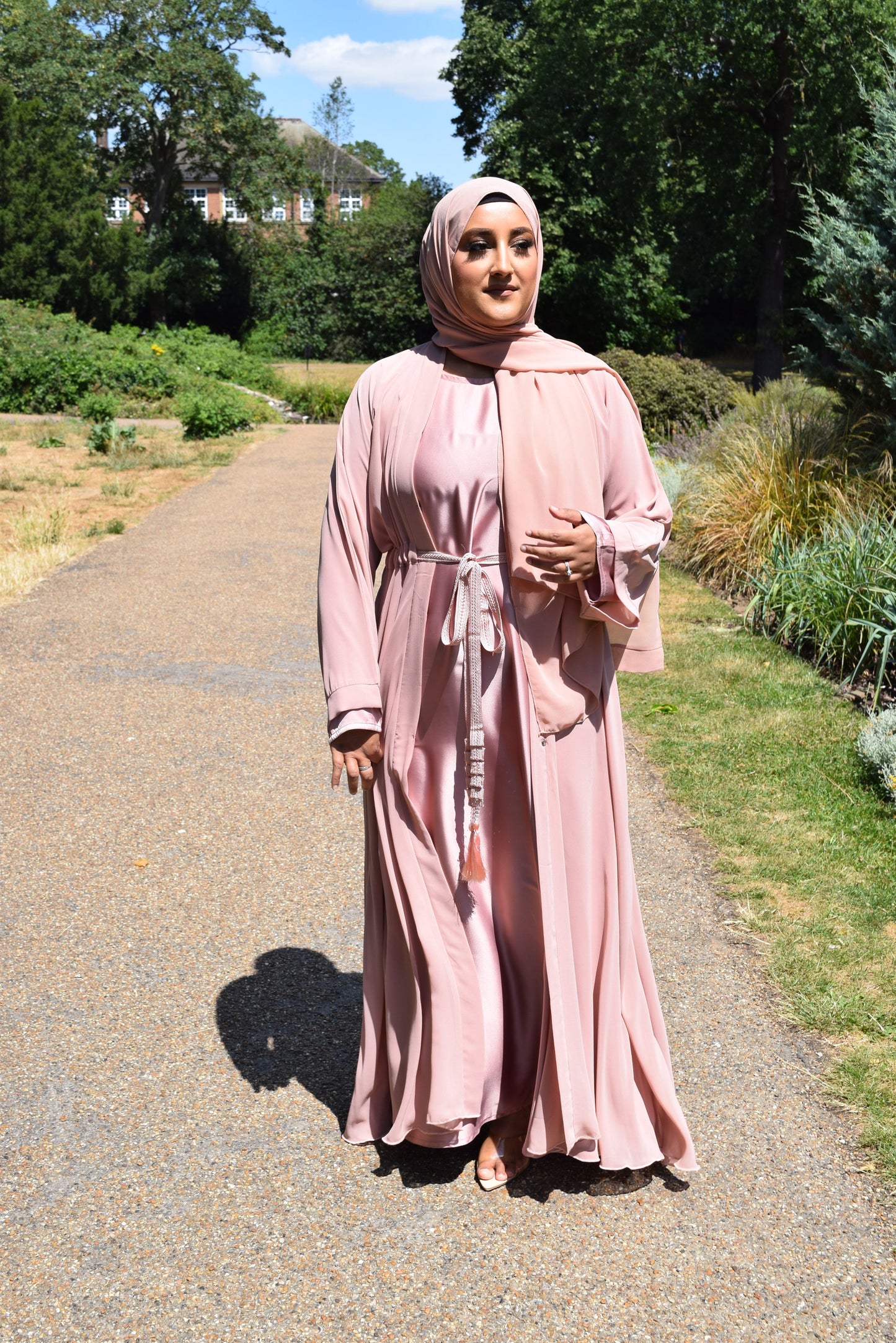 Reem Chiffon Open Jacket Abaya with Satin inner in Pale Pinks -  3 piece set