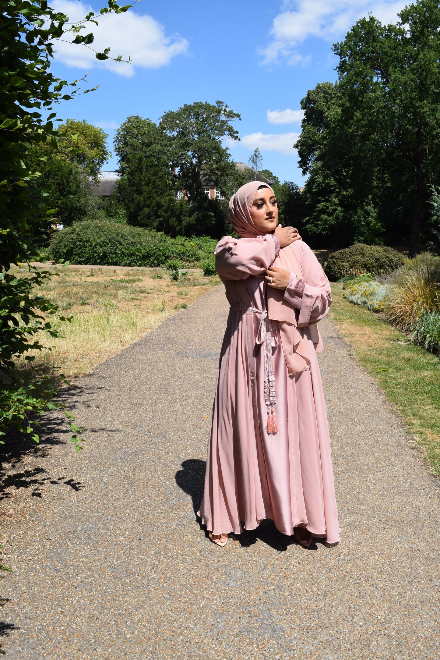 Reem Chiffon Open Jacket Abaya with Satin inner in Pale Pinks -  3 piece set