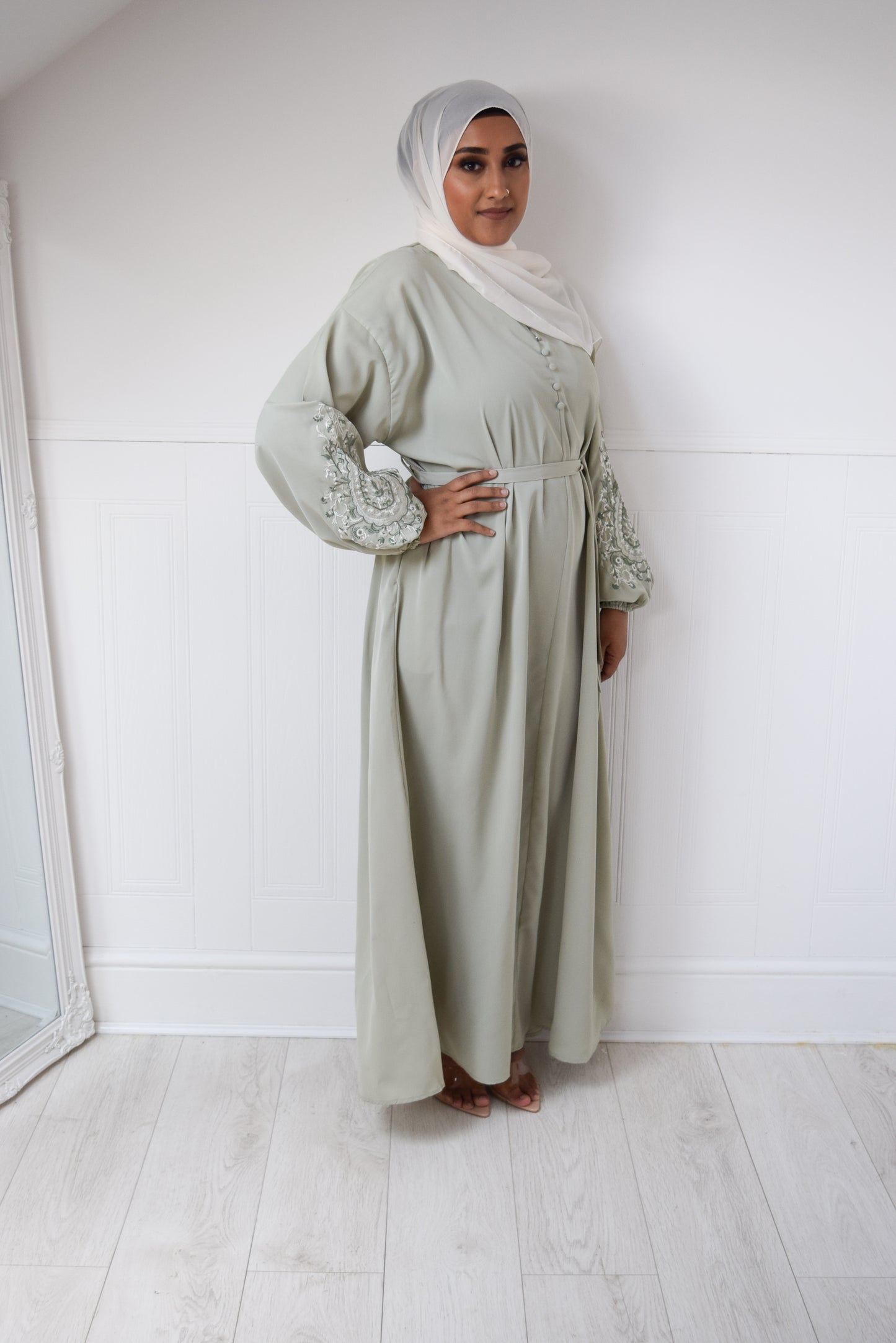 Sofia Long plain abaya dress with long sleeves, pockets and embroidery Seafoam Green