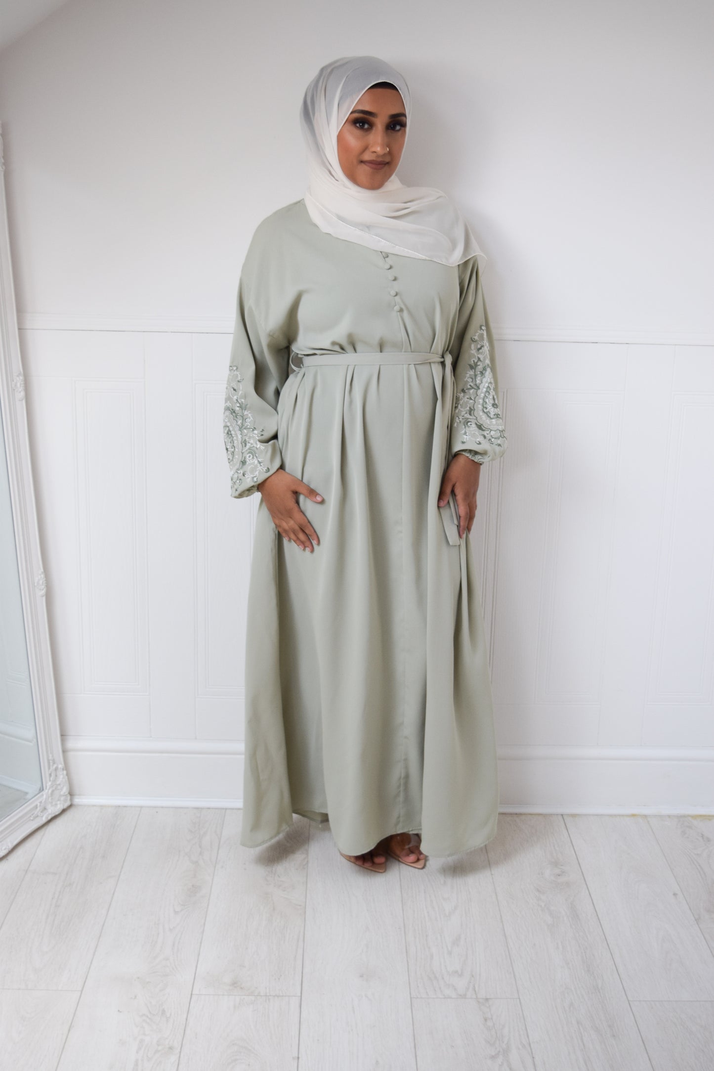 Sofia Long plain abaya dress with long sleeves, pockets and embroidery Seafoam Green