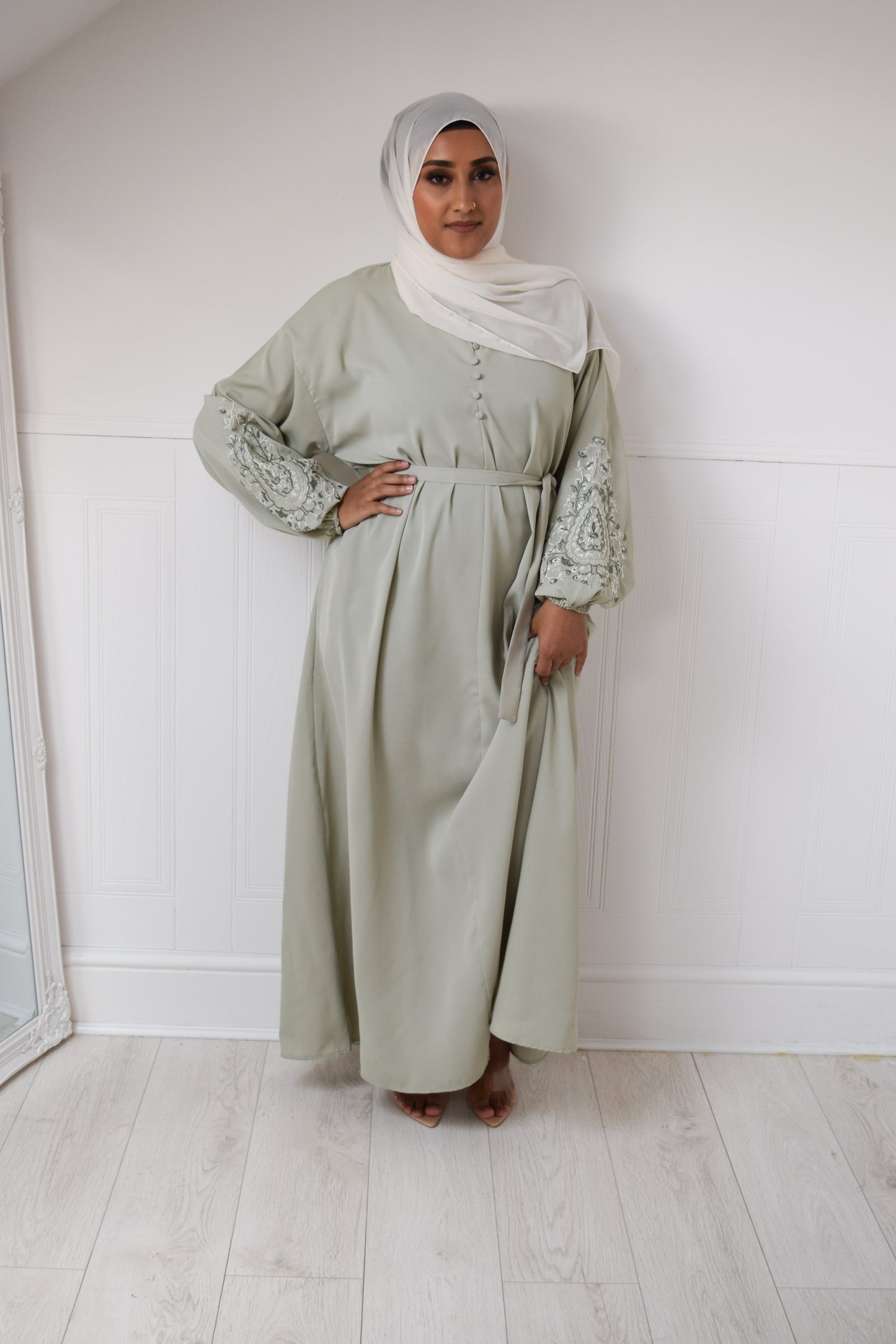 Sofia Long plain abaya dress with long sleeves, pockets and embroidery Seafoam Green