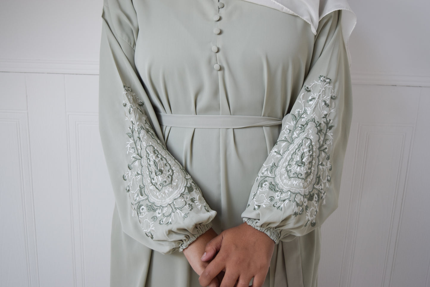 Sofia Long plain abaya dress with long sleeves, pockets and embroidery Seafoam Green