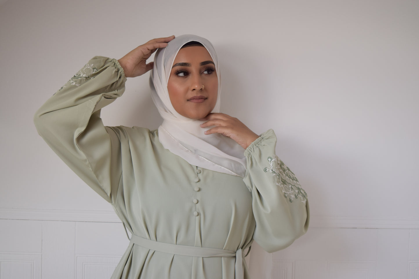 Sofia Long plain abaya dress with long sleeves, pockets and embroidery Seafoam Green