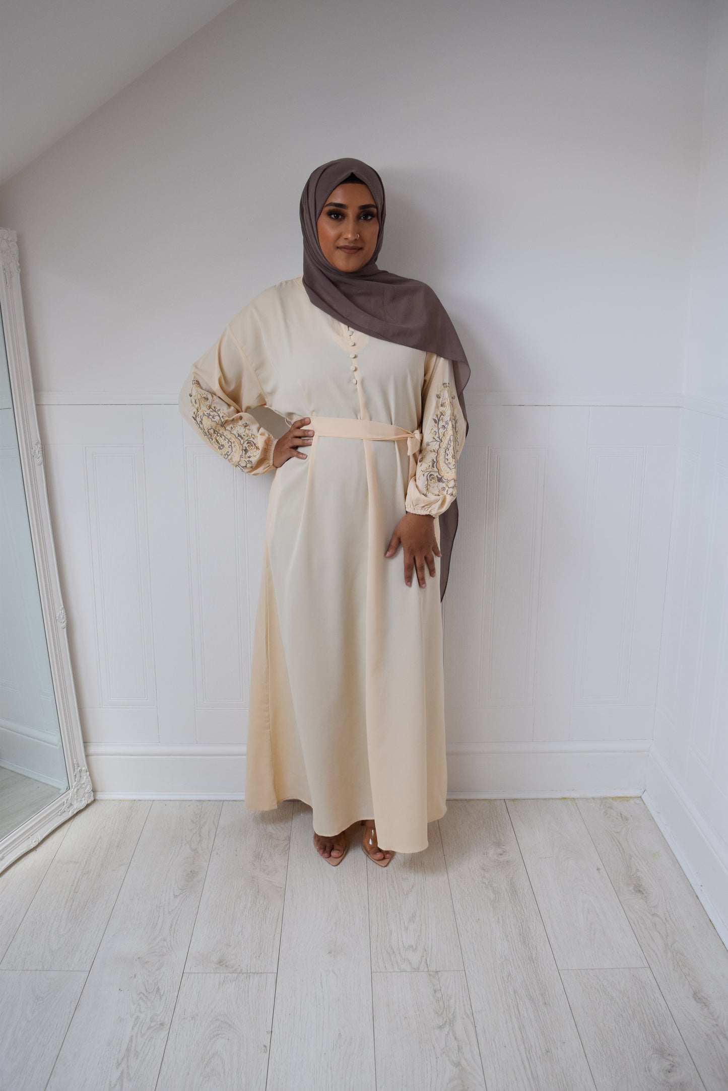 Sofia Long plain abaya dress with long sleeves, pockets and embroidery detail Cream