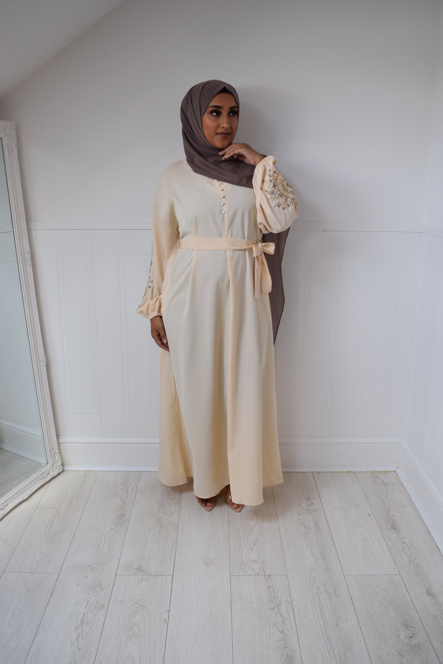 Sofia Long plain abaya dress with long sleeves, pockets and embroidery detail Cream