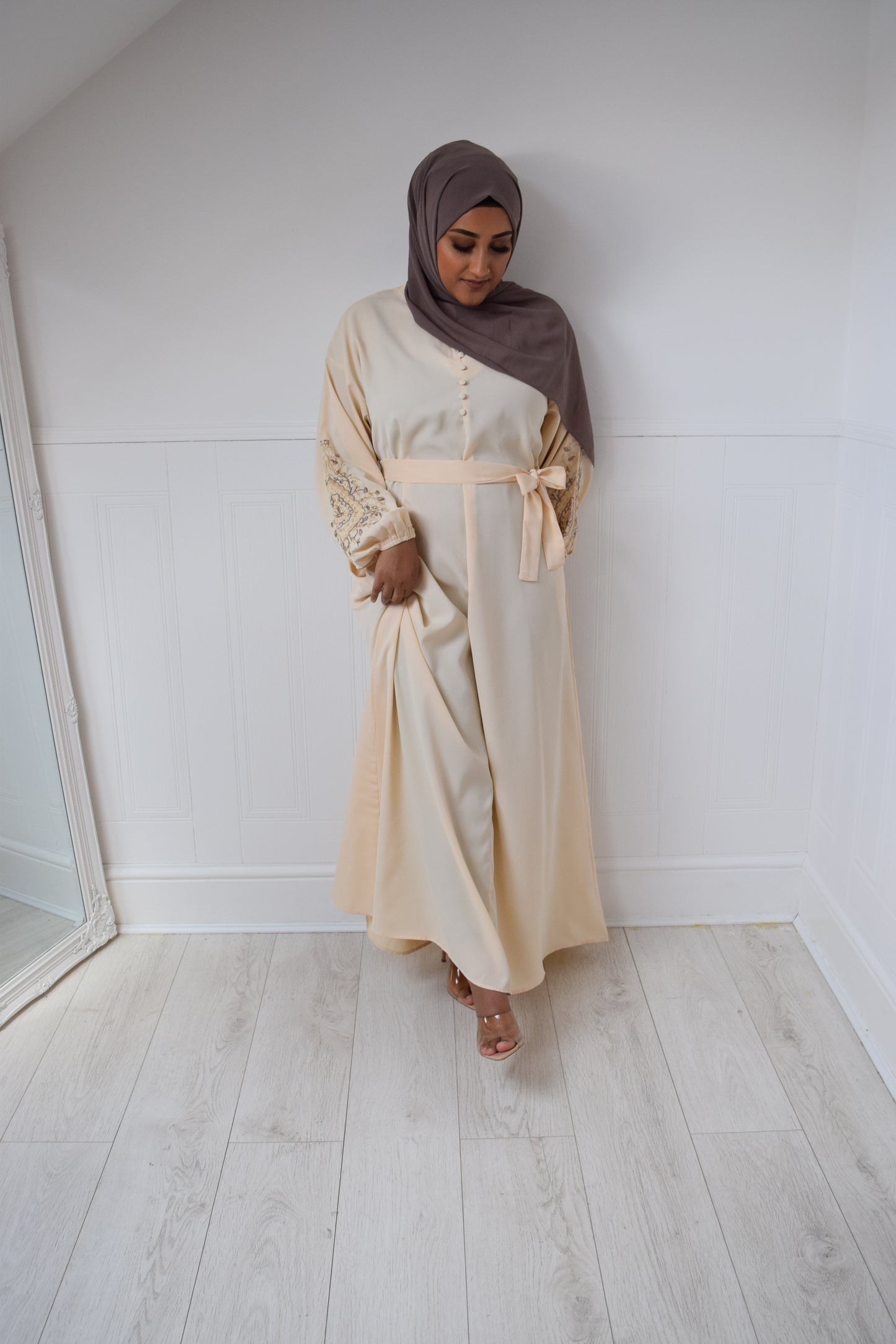 Sofia Long plain abaya dress with long sleeves, pockets and embroidery detail Cream