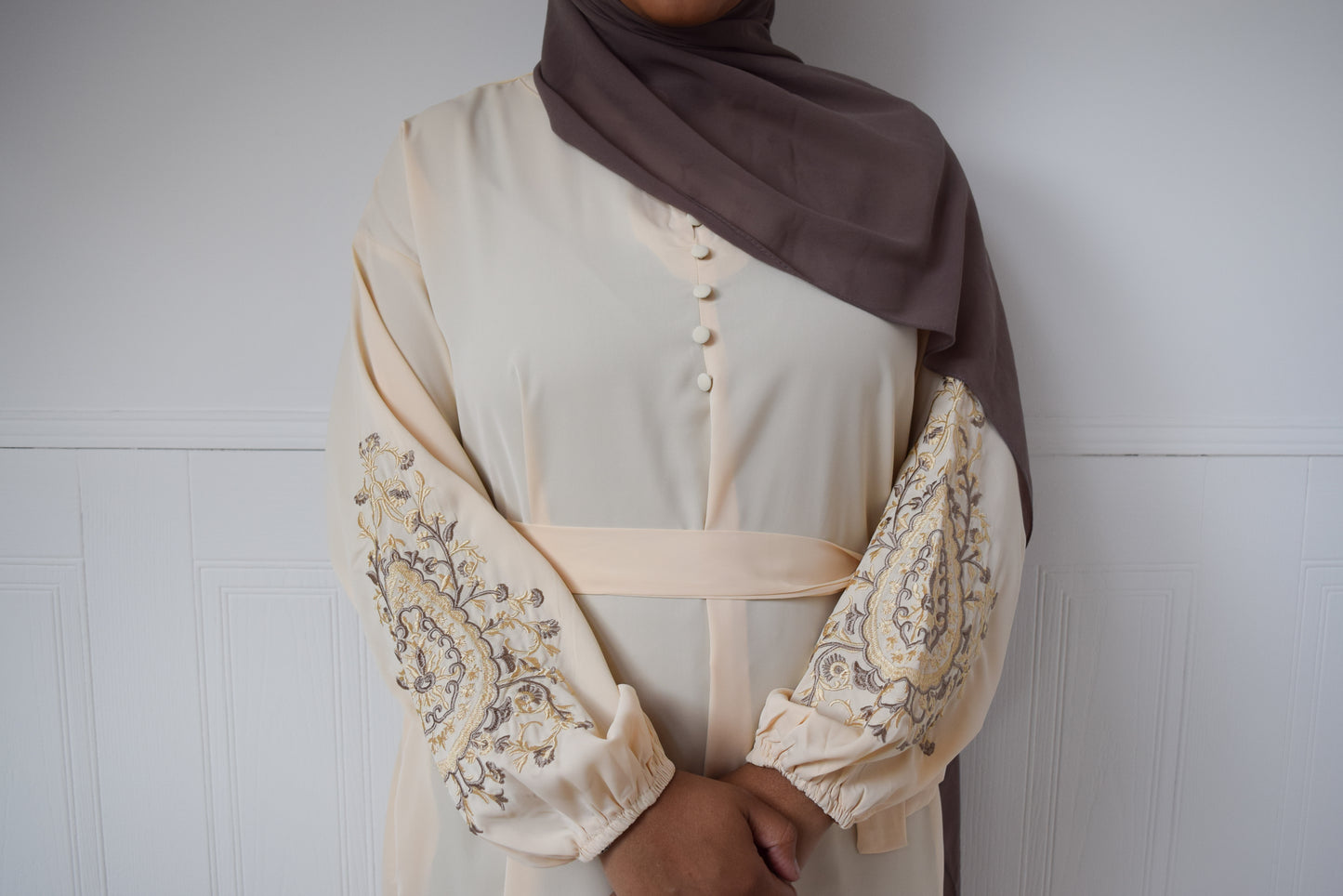 Sofia Long plain abaya dress with long sleeves, pockets and embroidery detail Cream