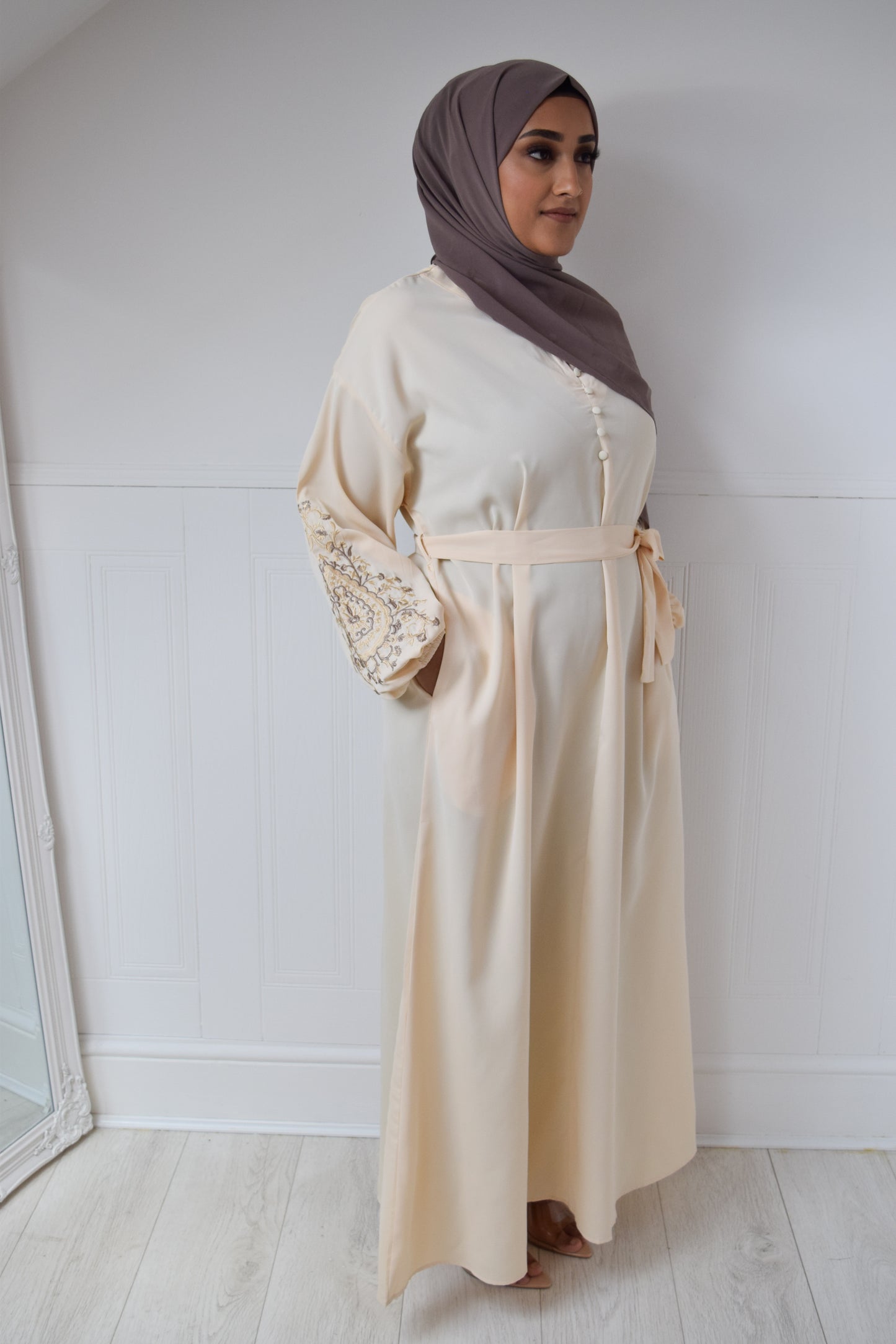 Sofia Long plain abaya dress with long sleeves, pockets and embroidery detail Cream