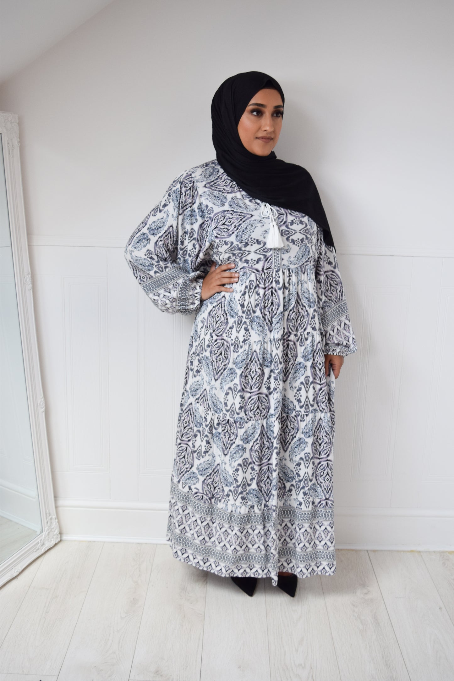 Modest Maxi flare Dress Grey White + Sizes 14+