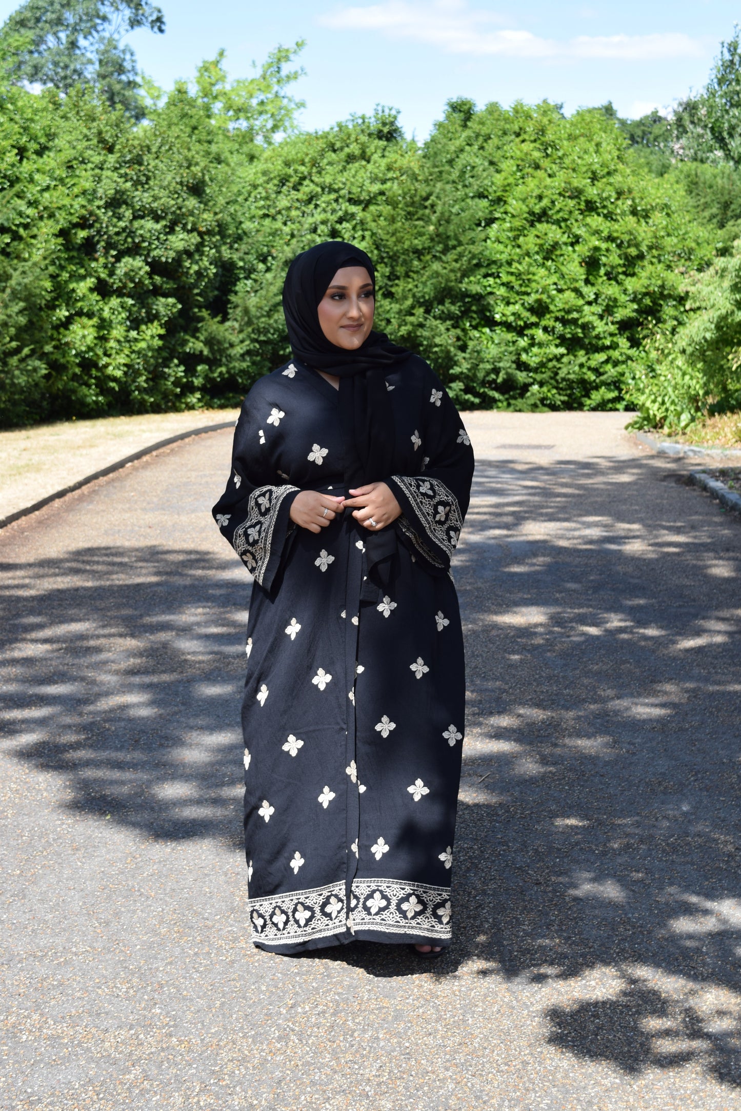 Modest Maxi dress in Black with floral embroidery