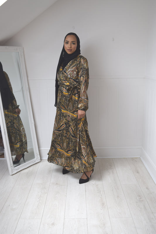 Tea Party Black & yellow Paisley Chiffon Wrap Maxi dress