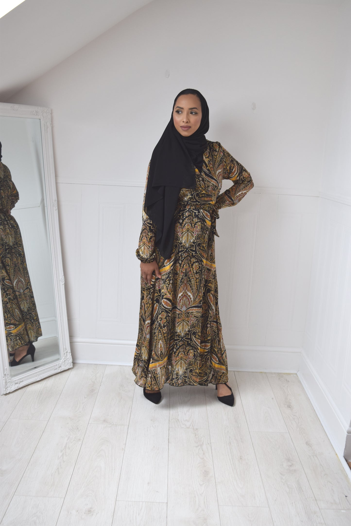 Tea Party Black & yellow Paisley Chiffon Wrap Maxi dress