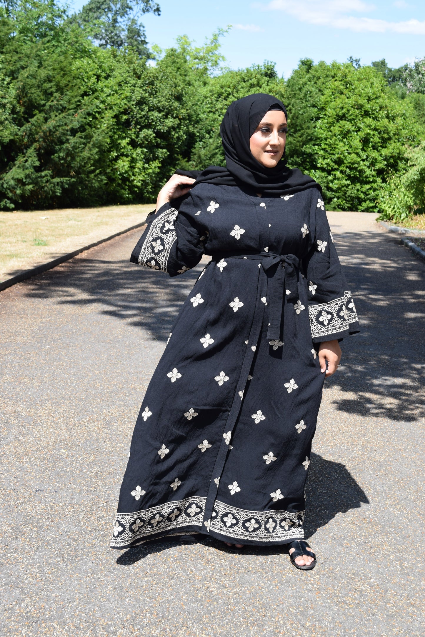 Modest Maxi dress in Black with floral embroidery