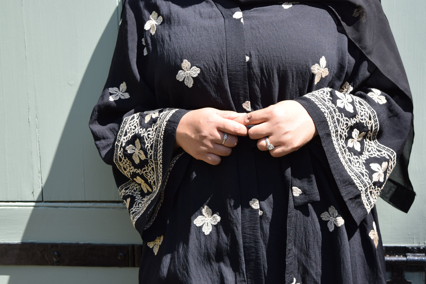 Modest Maxi dress in Black with floral embroidery