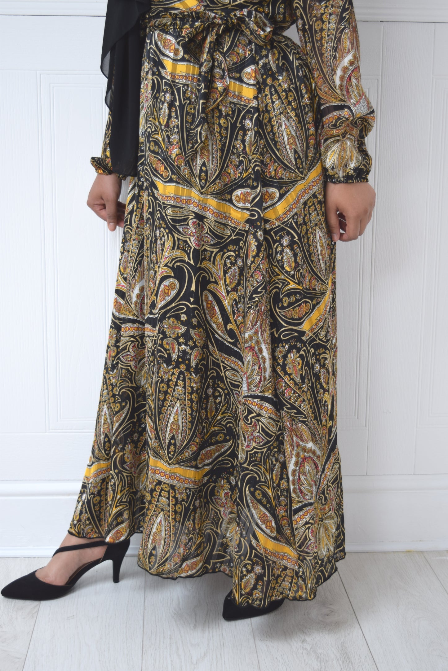 Tea Party Black & yellow Paisley Chiffon Wrap Maxi dress