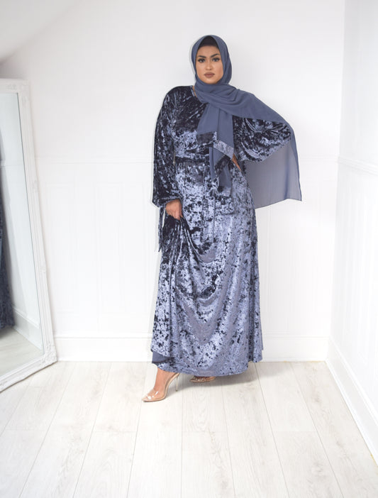 Grey Blue Velvet Aline abaya with tie sleeves