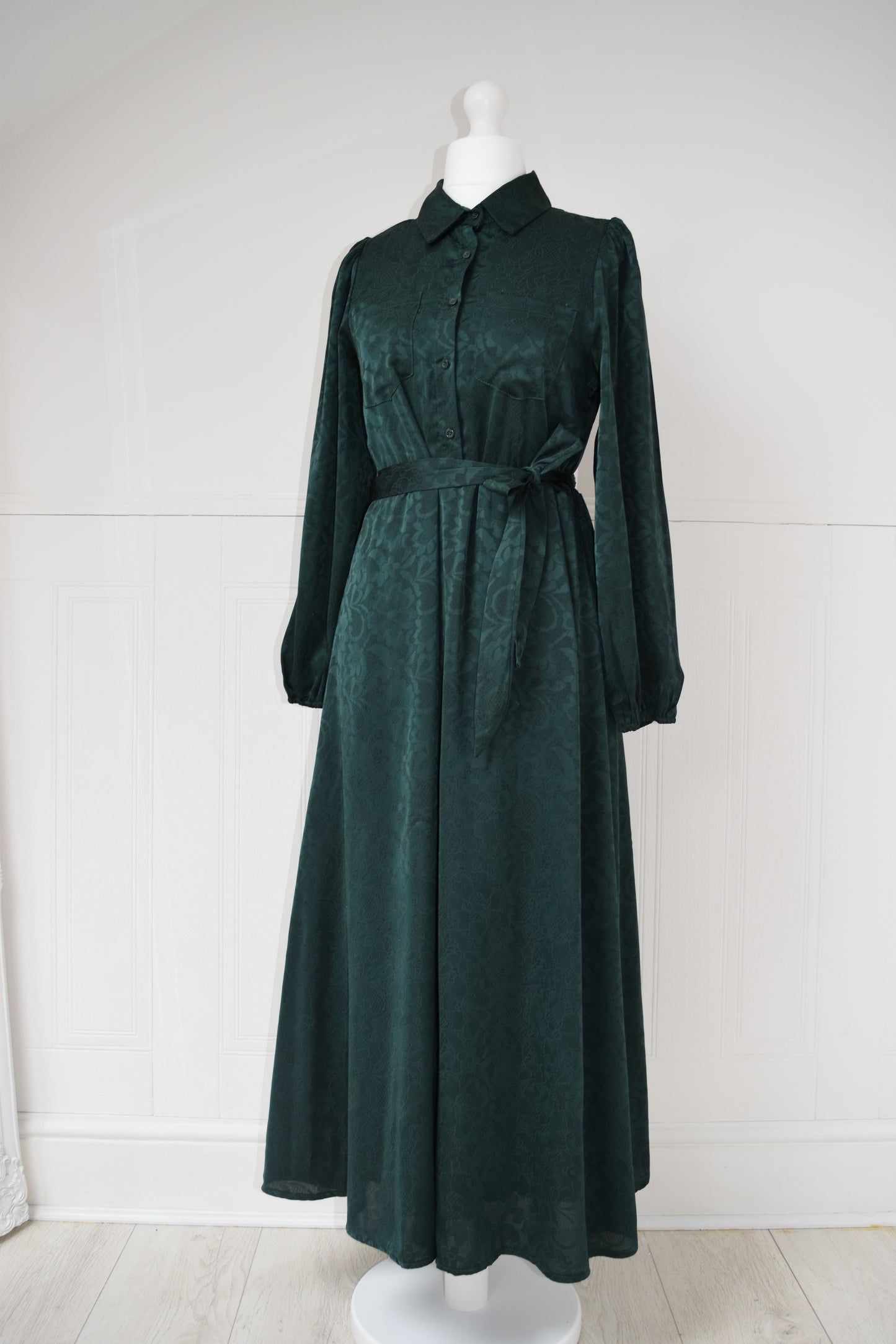 Modest Maxi A-line Jacquard semi shirt dress Forest Green