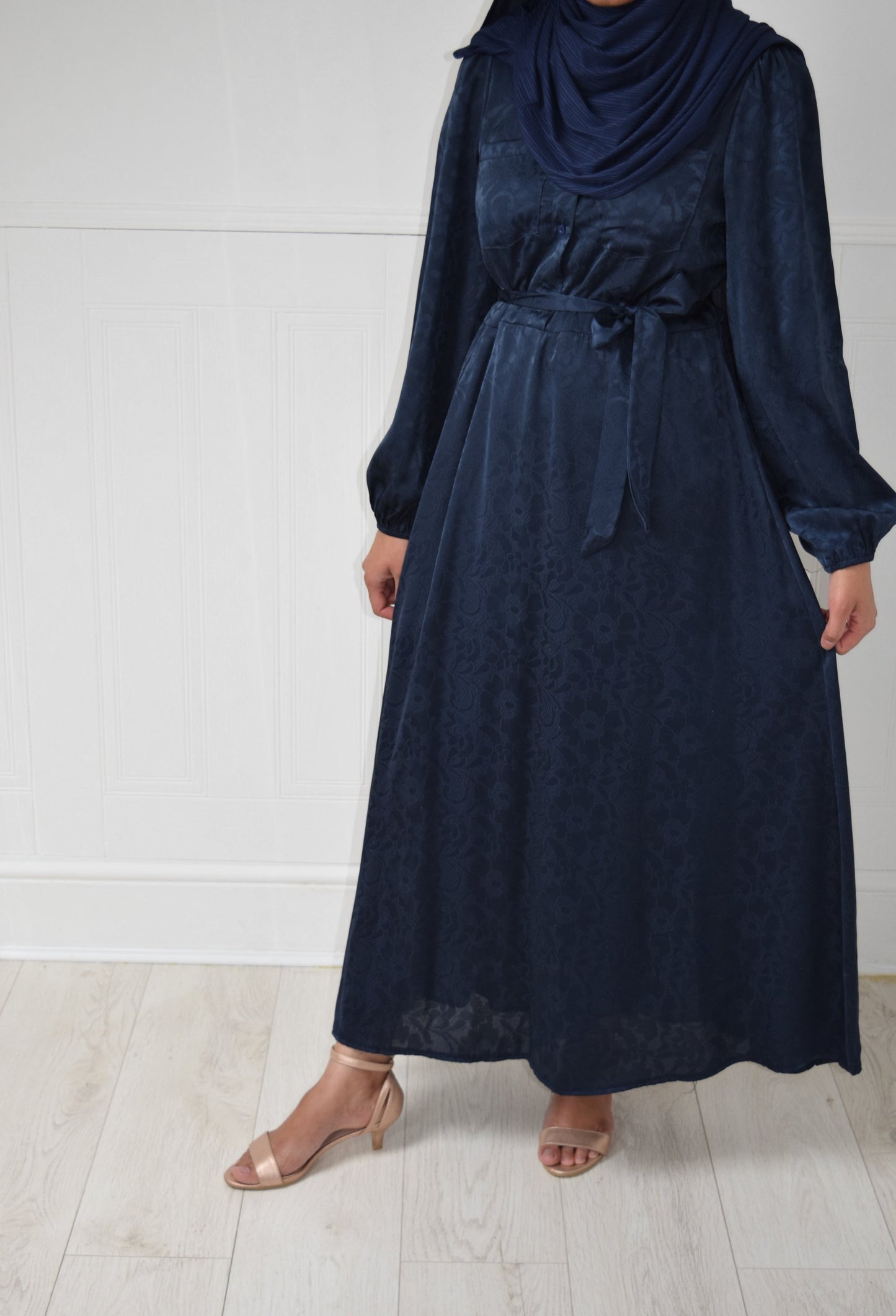 Modest Maxi A-line Jacquard semi shirt dress Navy