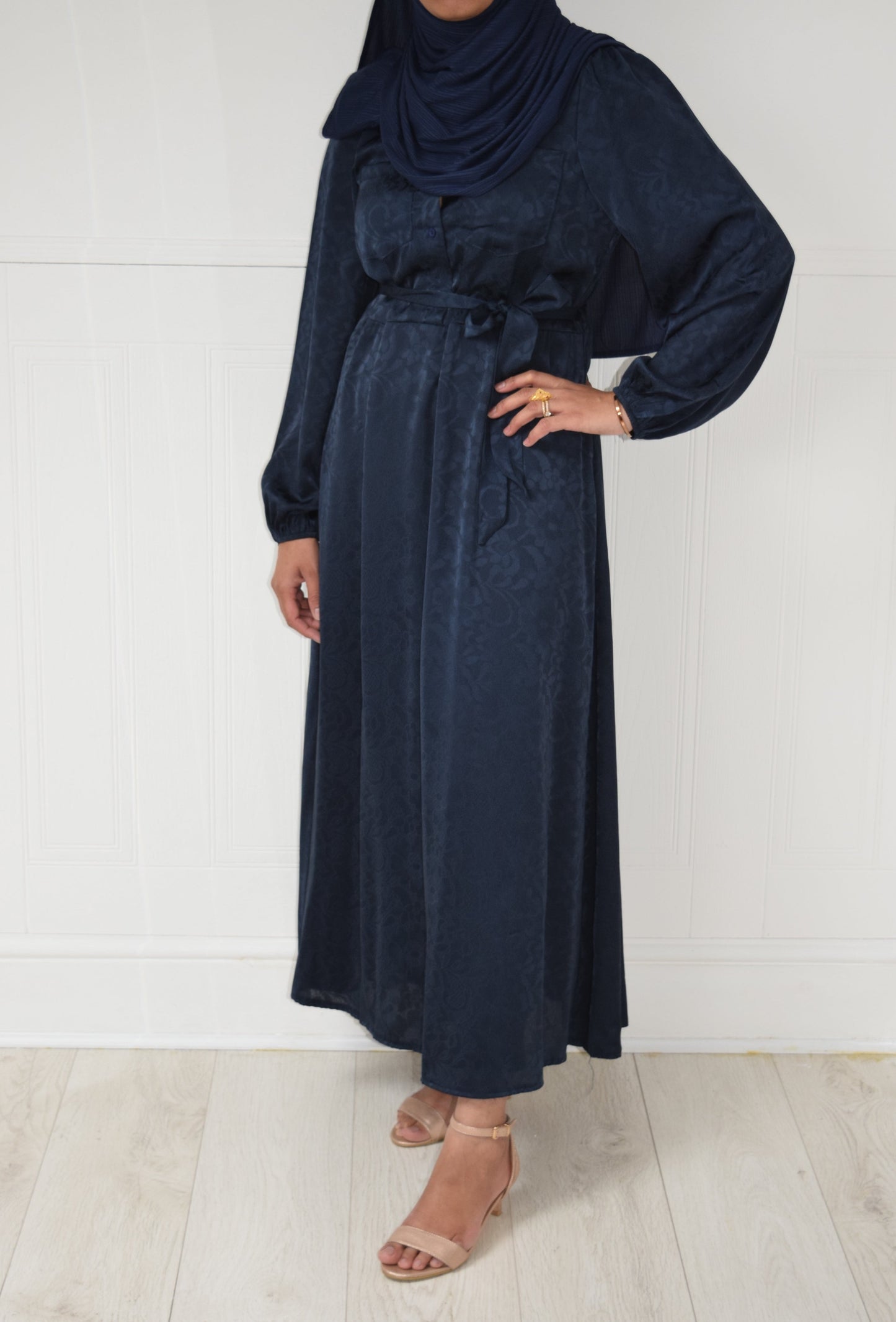 Modest Maxi A-line Jacquard semi shirt dress Navy