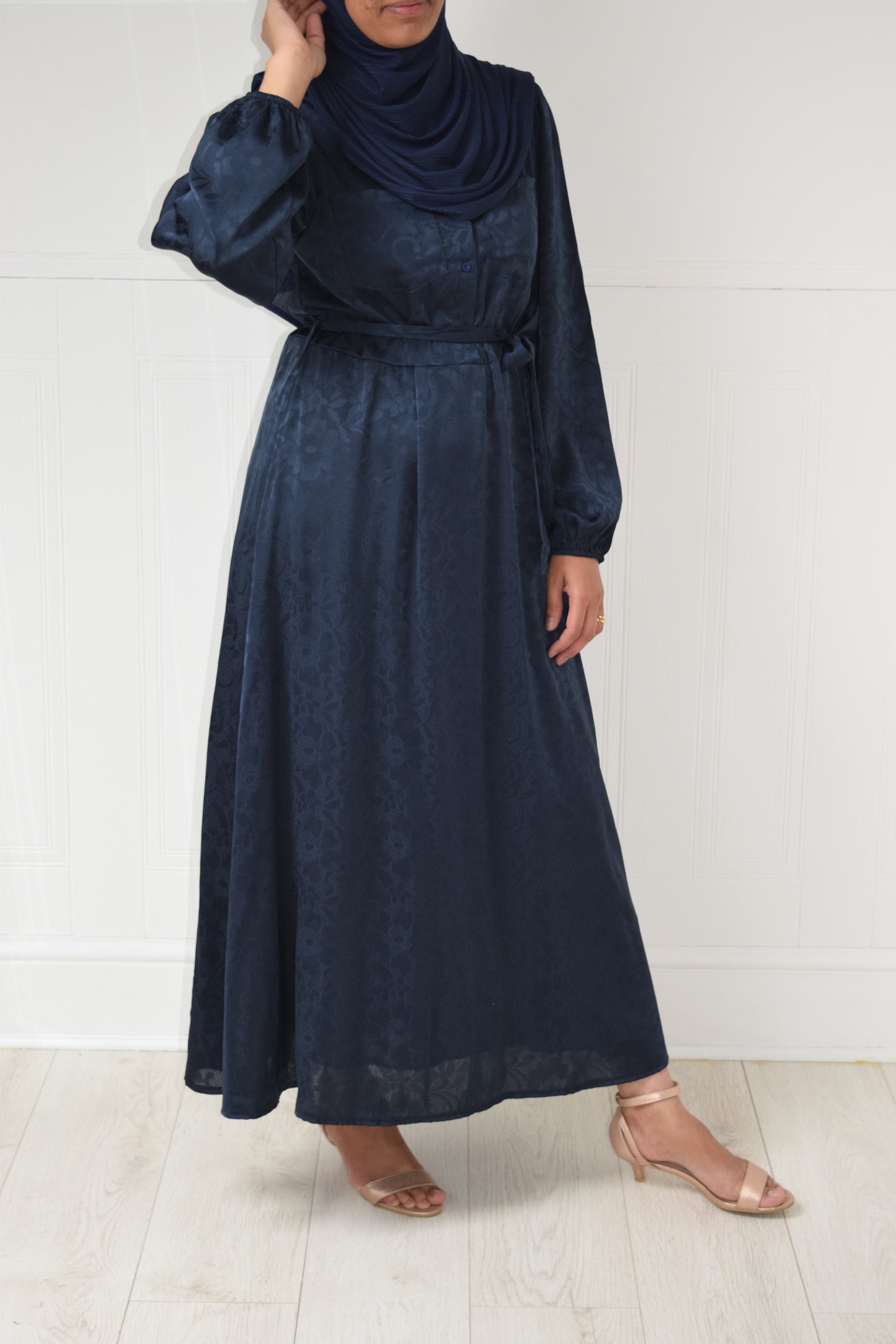 Modest Maxi A-line Jacquard semi shirt dress Navy