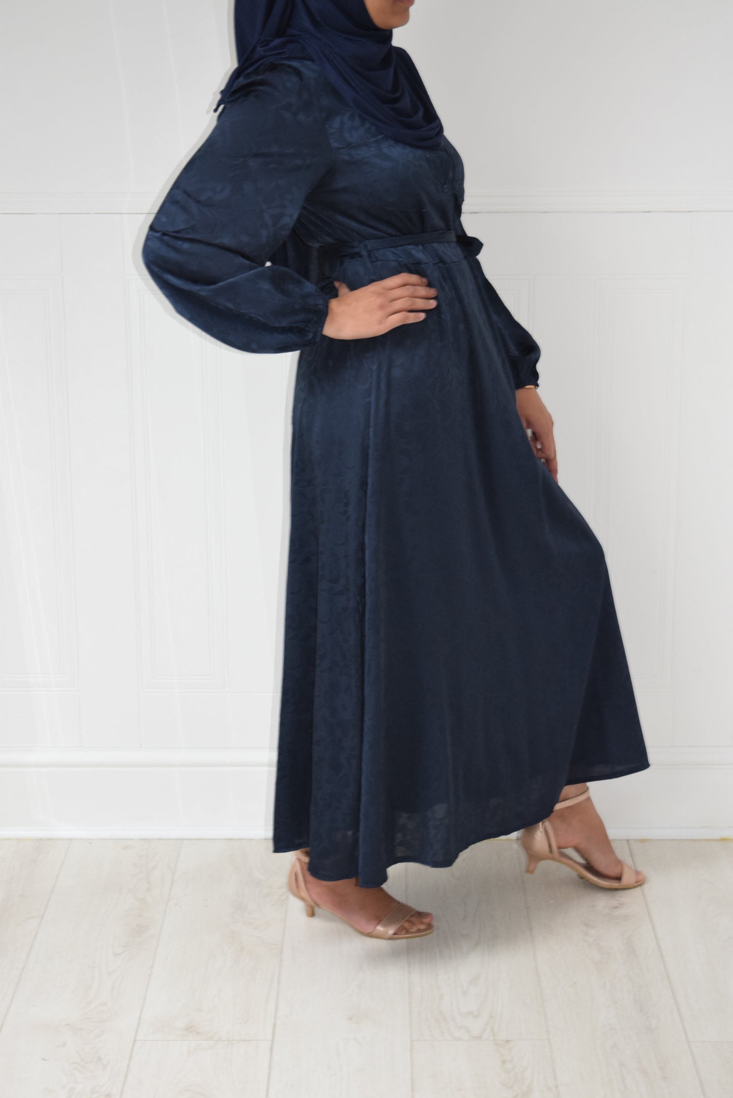 Modest Maxi A-line Jacquard semi shirt dress Navy