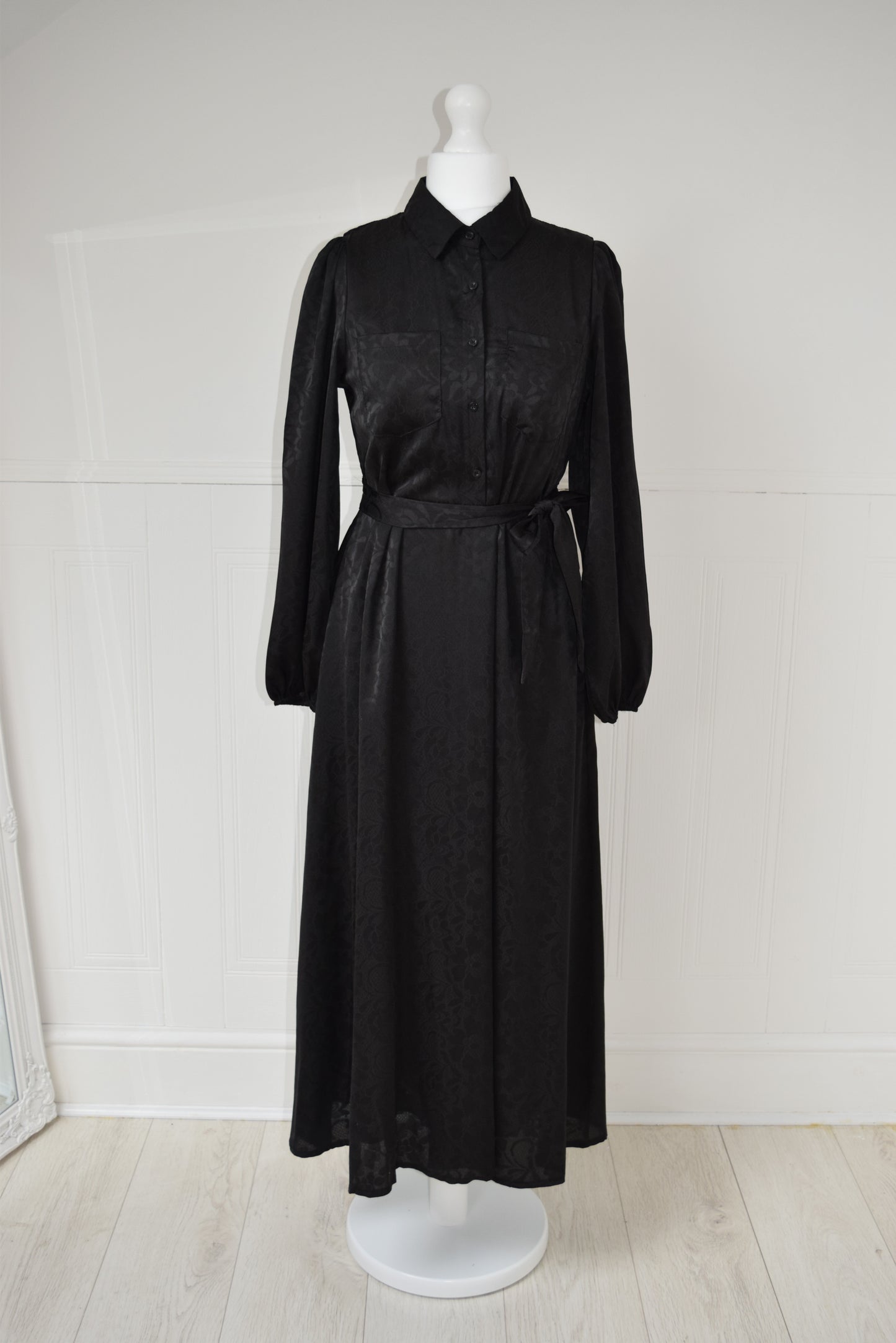 Modest Maxi A-line Jacquard semi shirt dress Black